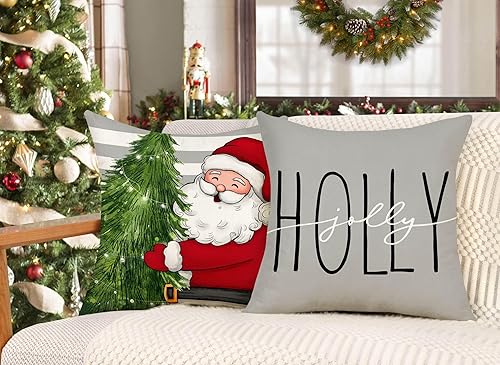 Miniatura 4 de Juego de 4 fundas de almohada de Navidad grises de 18 x 18 pulgadas, decoración navideña de granja, corona de muñeco de nieve, árbol de Papá Noel,