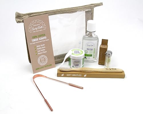 Lucky Teeth Kit de viaje para cuidado bucal esencial en una bolsa de cáñamo pasta de dientes remineralizante orgánica, enjuague bucal de peróxido,