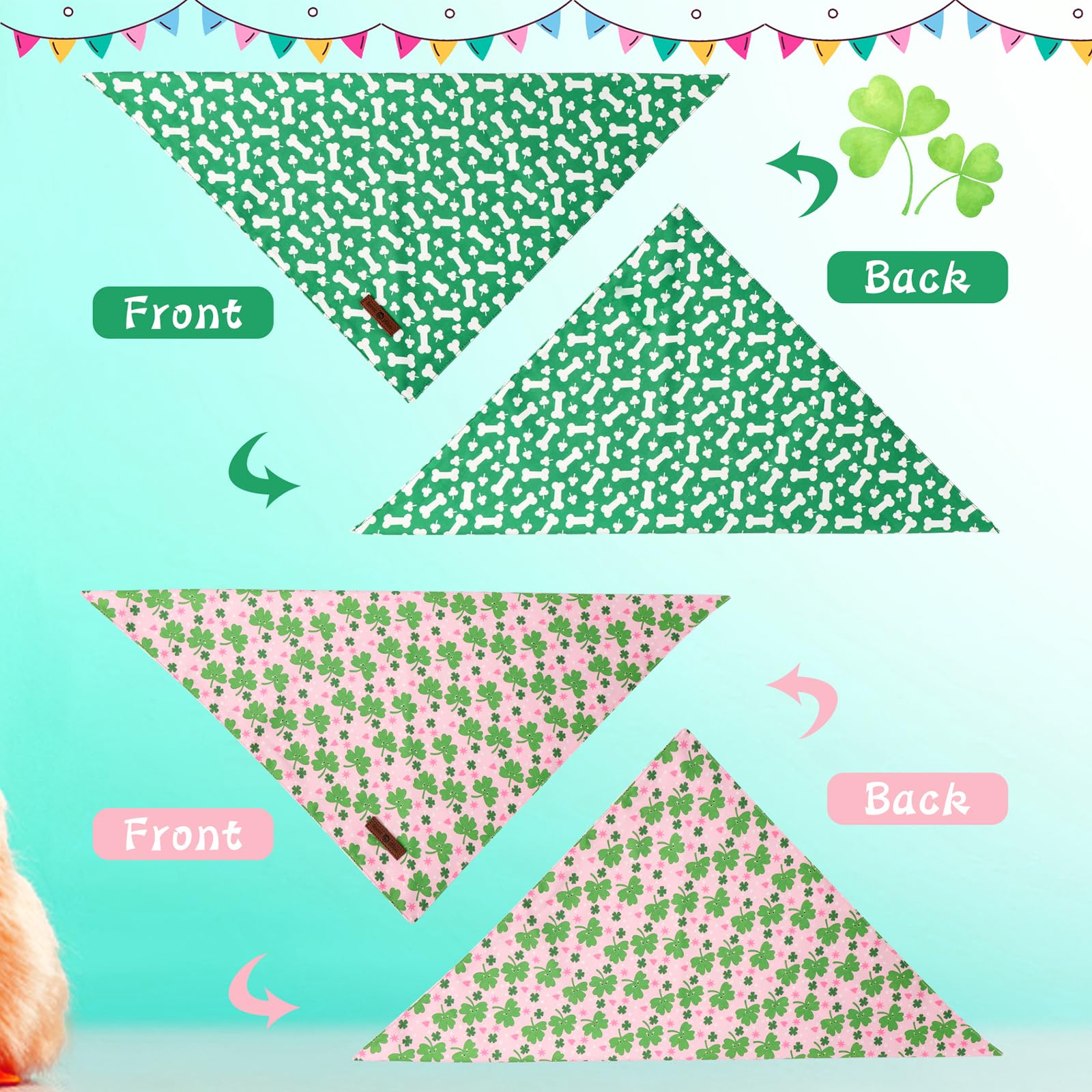 Lionet Paws St. Patrick 2pcs Dog Bandanas, Green Clover Dog Scarf Bib Premium Fabric, Happy St. Patrick Pink Bandanas for Medium Large Dogs Pets