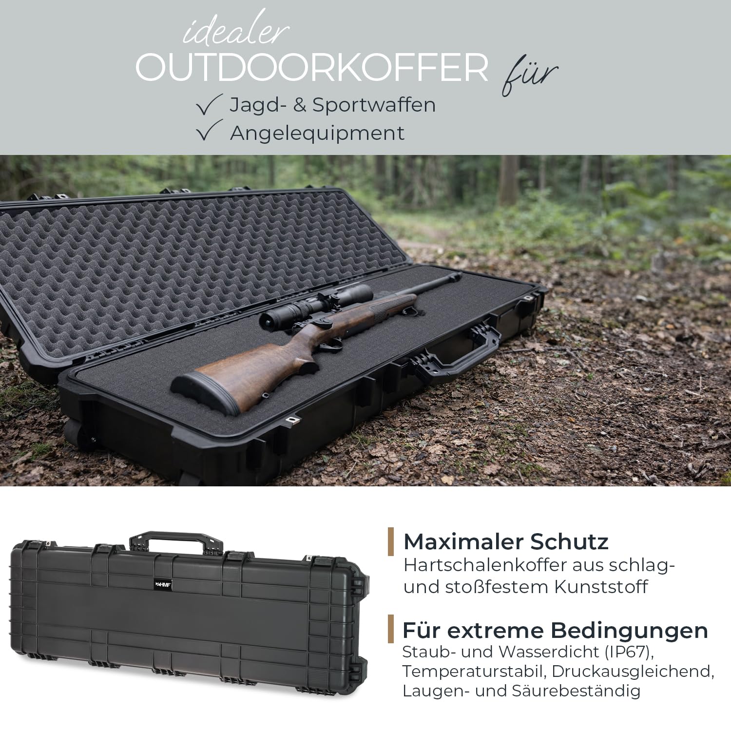 HMF Outdoor Waffenkoffer für Langwaffen ODK200, Wasserdichter IP67 Gewehrkoffer mit Rasterschaumstoff