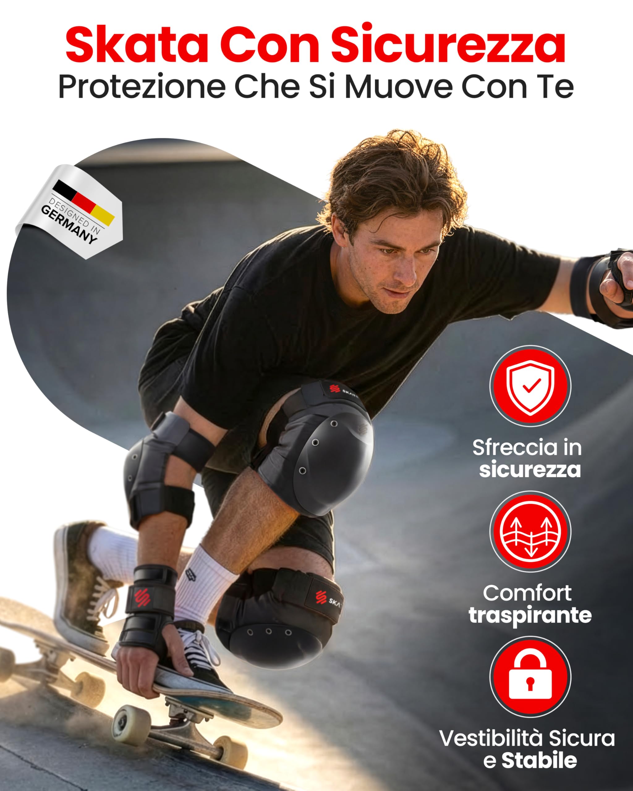 SKATEWIZ Protezioni Skateboard Adulto - Protezioni Pattini Adulto - Linea, Skateboard, BMX, Pattini a 4 Ruote - Ginocchiere Bambini - SHIELD Taglia L Nero