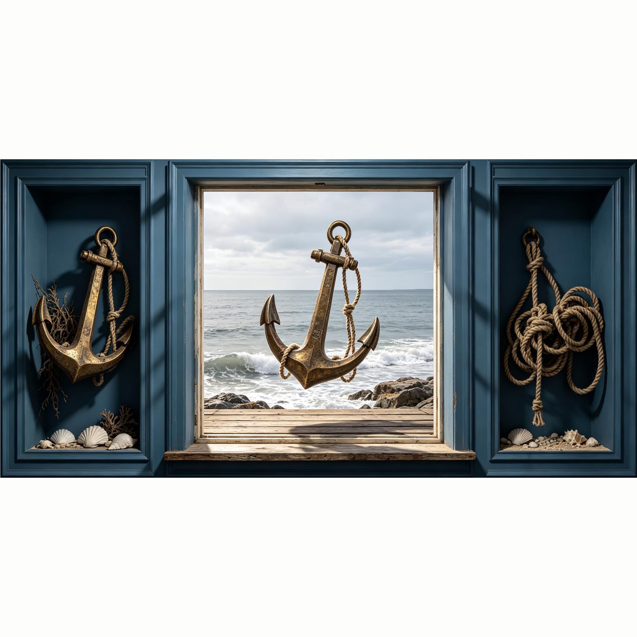 QZLITHOTIC 50x100cm 3D Framed Wall Art， Coastal Nautical Anchor Window View Self‑Adhesive Mural， Water‑Activated Peel & Stick Fabric Decor Wall Decal for Bedroom Living Room