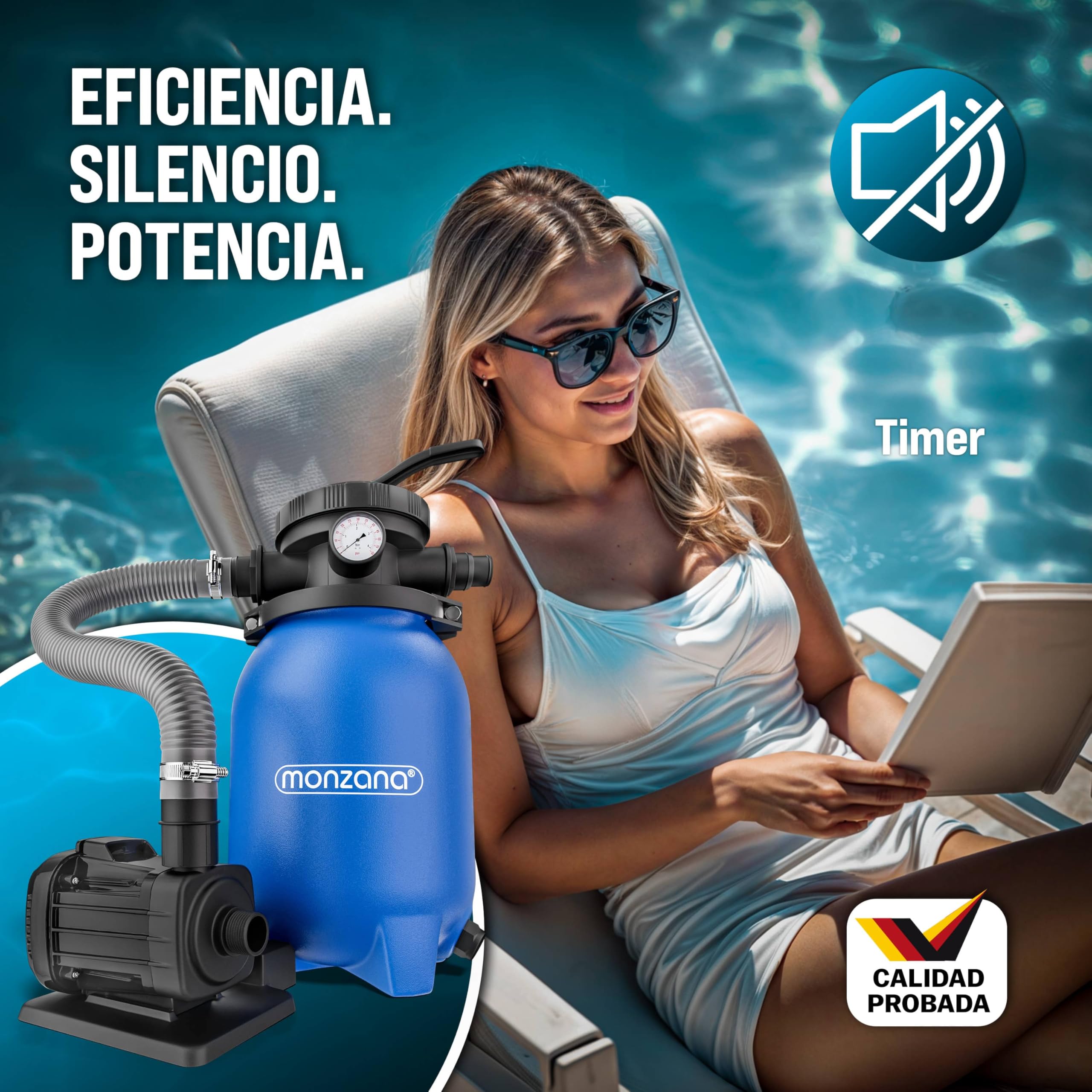 MONZANA® Depuradora Piscina 5000 L/h Filtro de Arena hasta 15.000 L con Bolas de Filtro Válvula 7 Funciones Filtrado Adaptador Ø32-38mm 180W Bomba Indicador de Presión