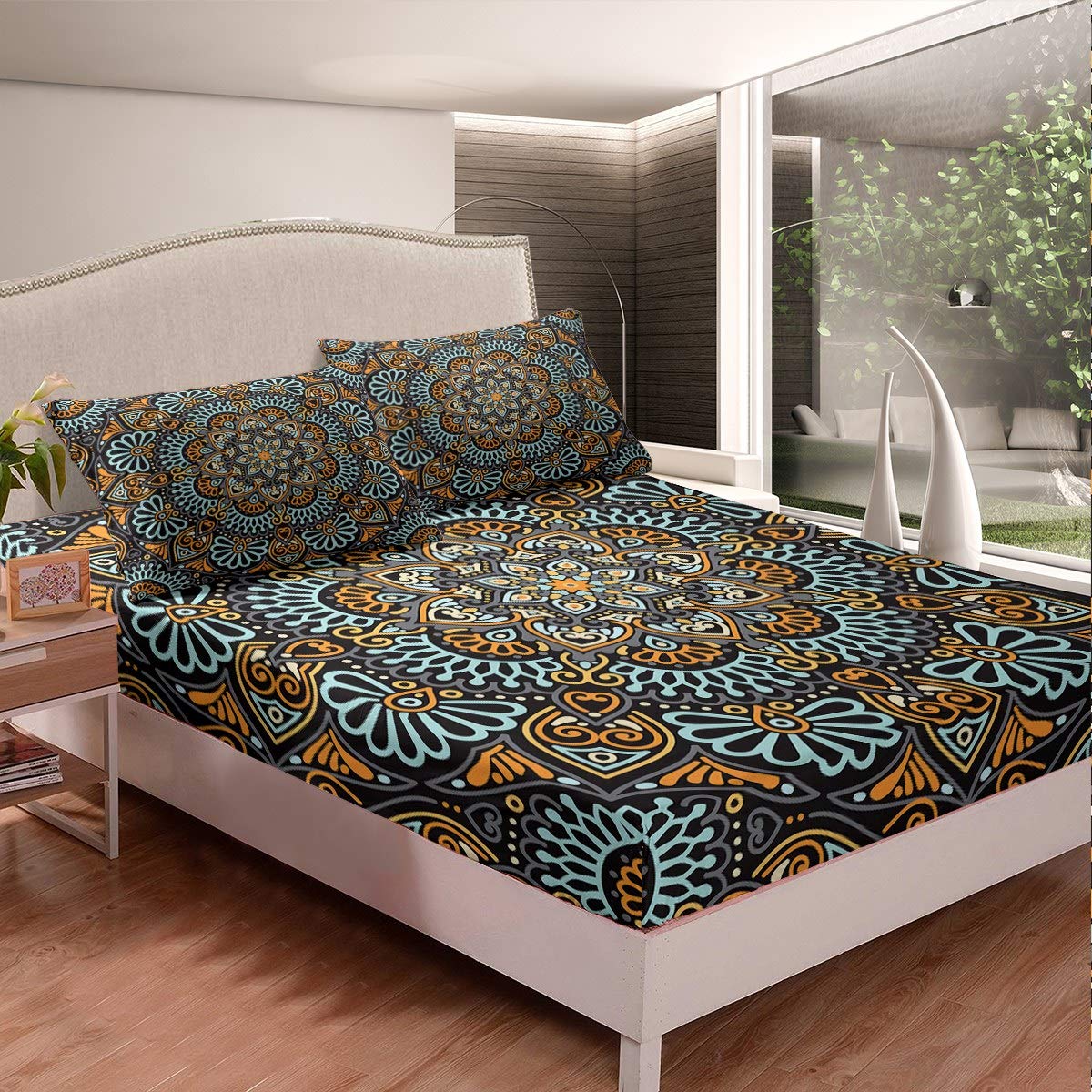 Loussiesd Boho Mandala Bedding Set Bohemian Style Fitted Sheet For Children Adults Hippie Floral Printed Bed Sheet Set Exotic Chic Flowers Bed Cover Bedroom Decor 3Pcs King Size