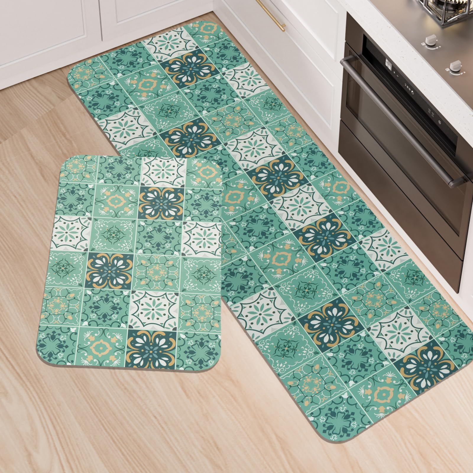 Set Tappeti da Cucina, 2 Pezzi Antiscivolo Tappetini da Cucina e Tappeti Runner Set, Supporto in Gomma Super Assorbente Tappetini Lavabili, 43x75 + 43x120cm