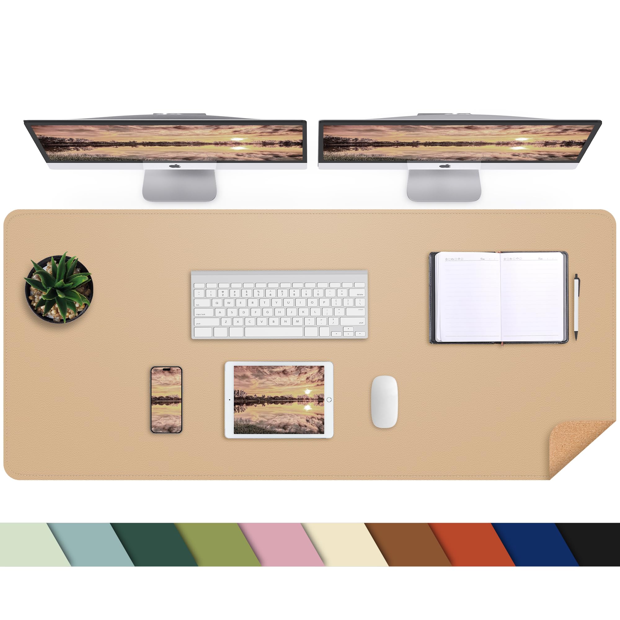Leather Desk Mat, Large Mouse Mat,PU Leather & Cork Desk Pad, Waterproof Leather Table Protector Writing Pad for Office and Home(120x 43 cm,Dark Apricot)