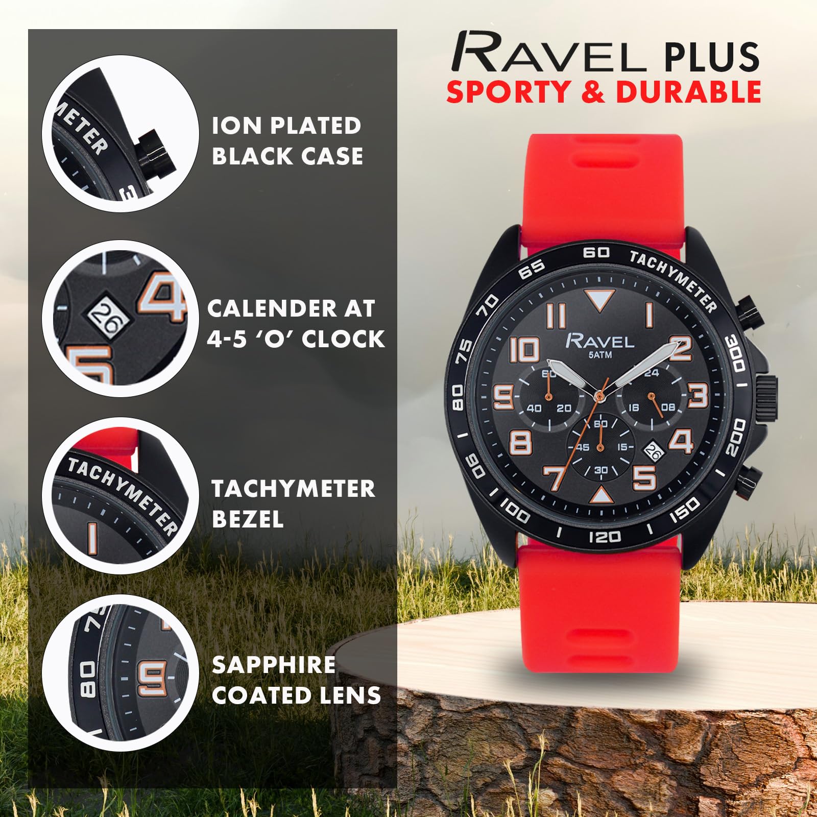 Ravel Plus - Montre de Sport pour Hommes (46 mm) Chronographe Noir, Bracelet en Silicone - Quartz Analogique Japonais - RP.CHR.01-04M
