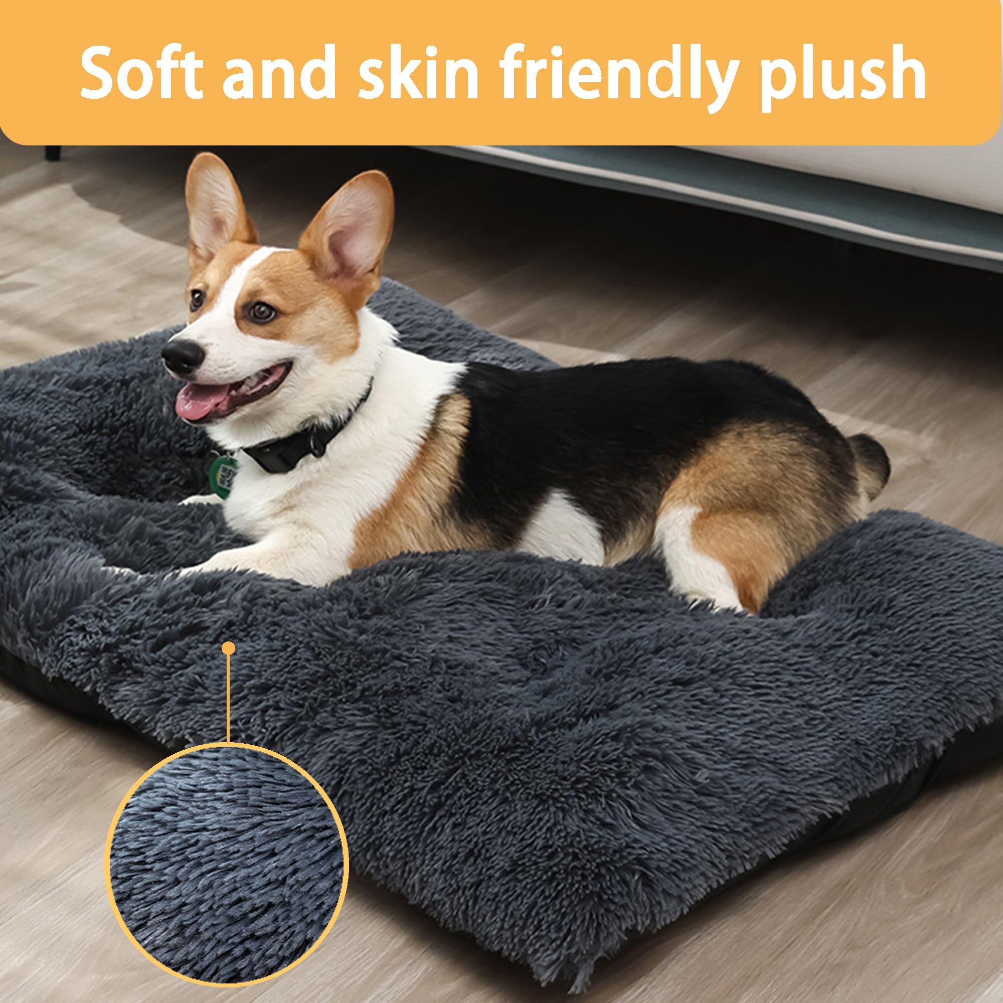 Tapis de cage en peluche pour chien et animal domestique avec fond antidérapant - Chaud avec housse amovible (100 x 70 x 10 cm, kaki)