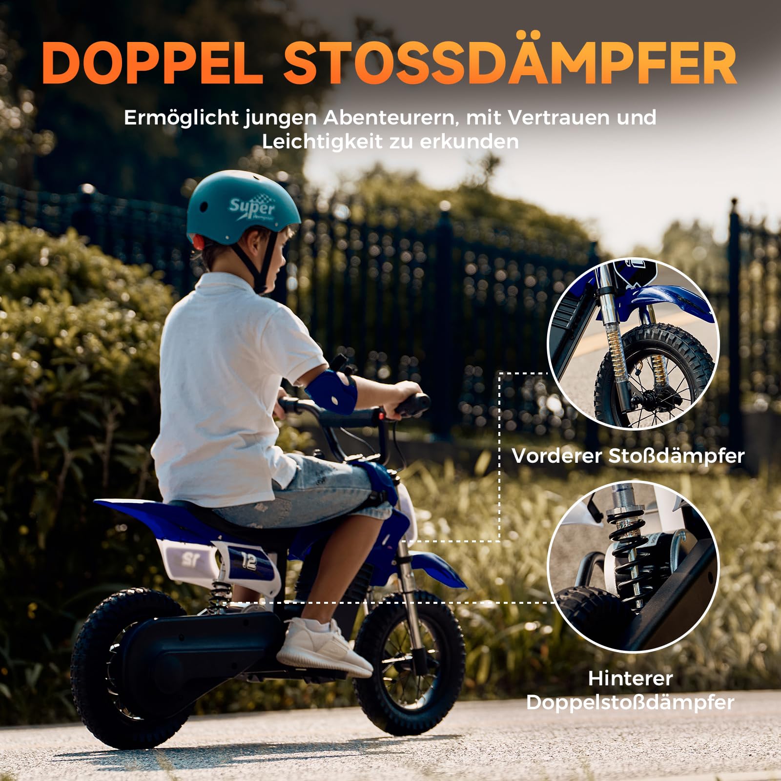 Elektro Motorrad Kinder, Elektromotorrad mit 36V 5.2Ah Batterie, 8/13/25 KMH Geschwindigkeitsmodus, 22 km Reichweite, 12 Zoll Luftreifen, LED, doppelte Stoßdämpfung, Motorrad für 3–10-Jährige