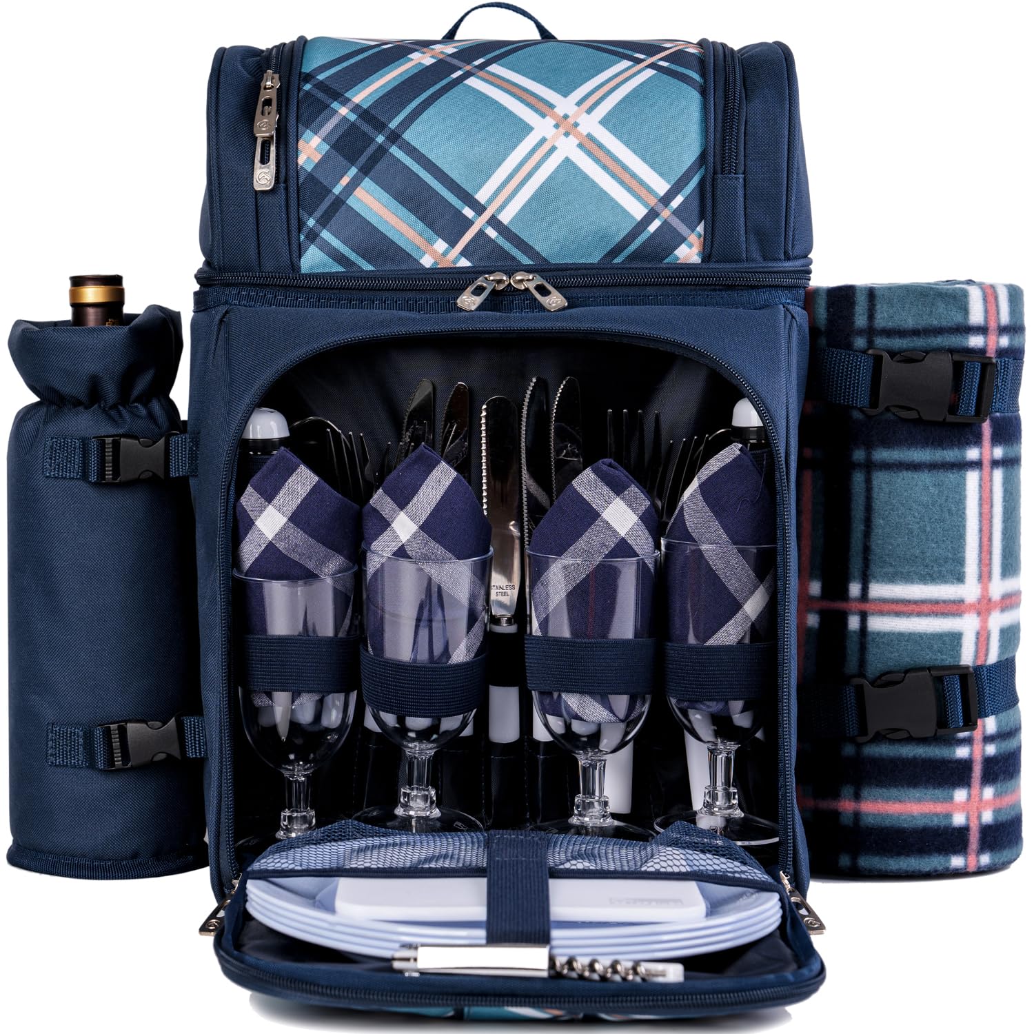 ALLCAMP Picnic Basket Backpack Cooler for 4 Person with 2 Insulated Cooler Compartment, Detachable Bottle/Wine Holder, Fleece Blanket, Plates and