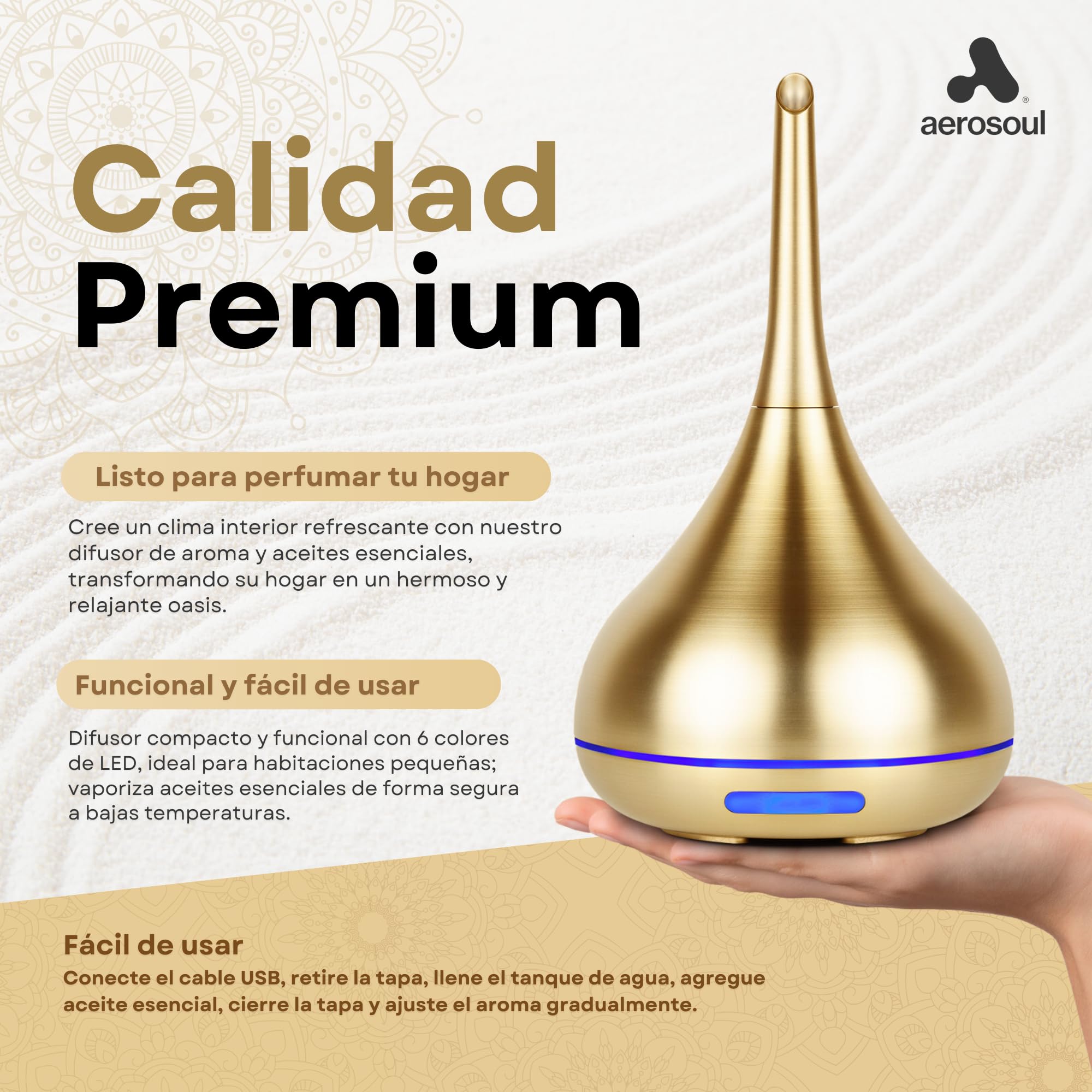 Aerosoul® Difusor de Aromas para Aceites Esenciales 100 ml, Diseño Noble | Diseño Noble, Apagado Automático, 6h de Bruma, Luz LED Difusor de Aromaterapia, Plástico Oro