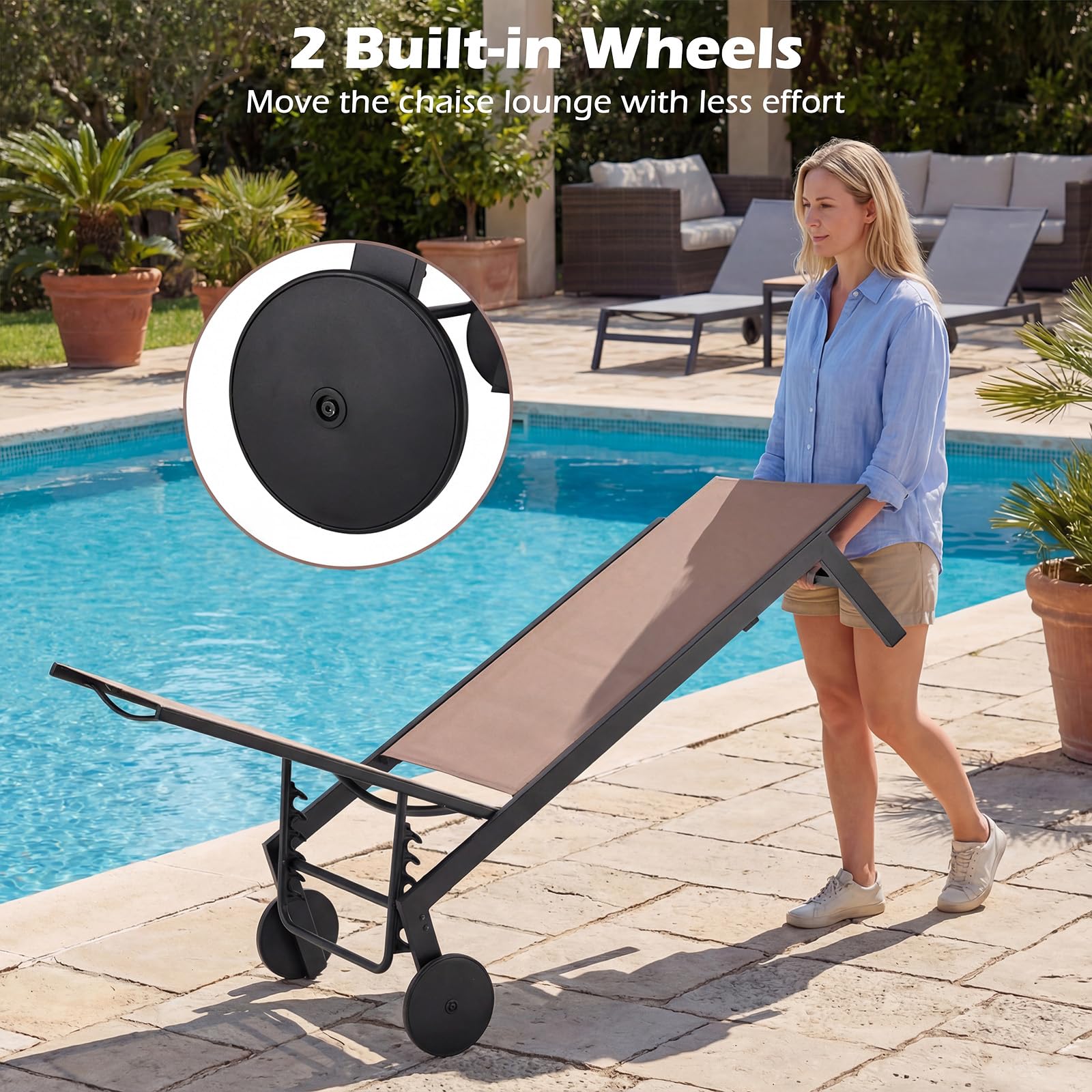 GIANTEX Juego de 1/2 Tumbonas de Jardín con Ruedas, Silla Reclinable de Metal con Respaldo Ajustable en 6 Posiciones, Tejido Transpirable, Tumbona para Piscina, Playa, Balcón (1, Marrón)