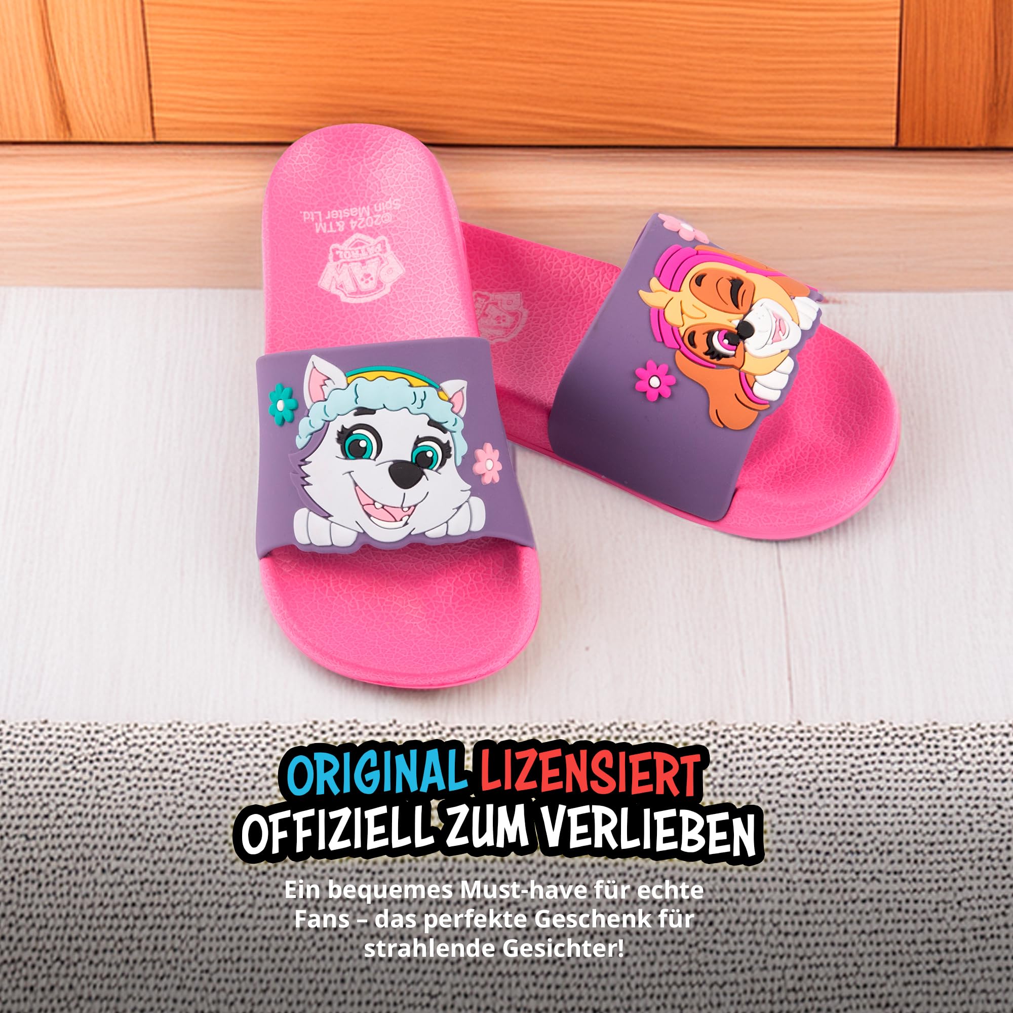 United Labels Paw Patrol Badelatschen für Mädchen, Pink, Kinder Badeschlappen rutschfest, Schlappen mit Skye und Everest, Badesandalen