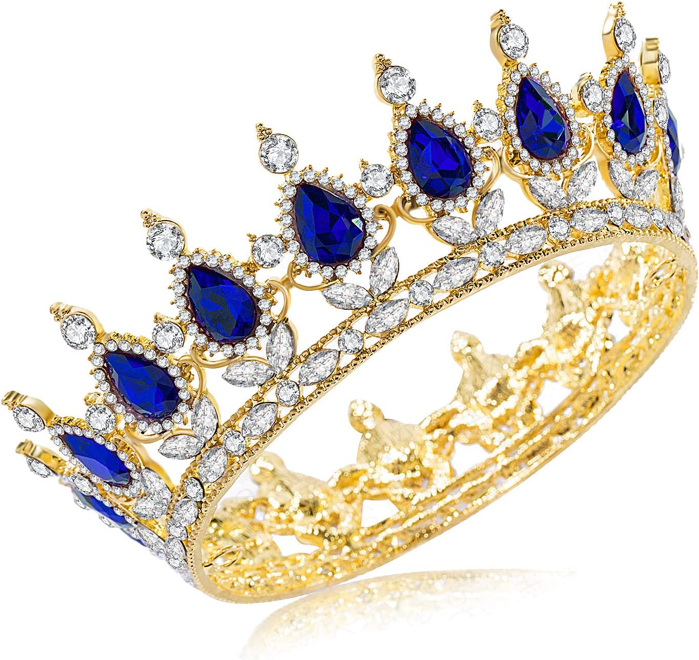 Rhinestone Cake Topper Crown Fancy Party Cake Decoration Princess And Prince Headpiece (Gold-blue)