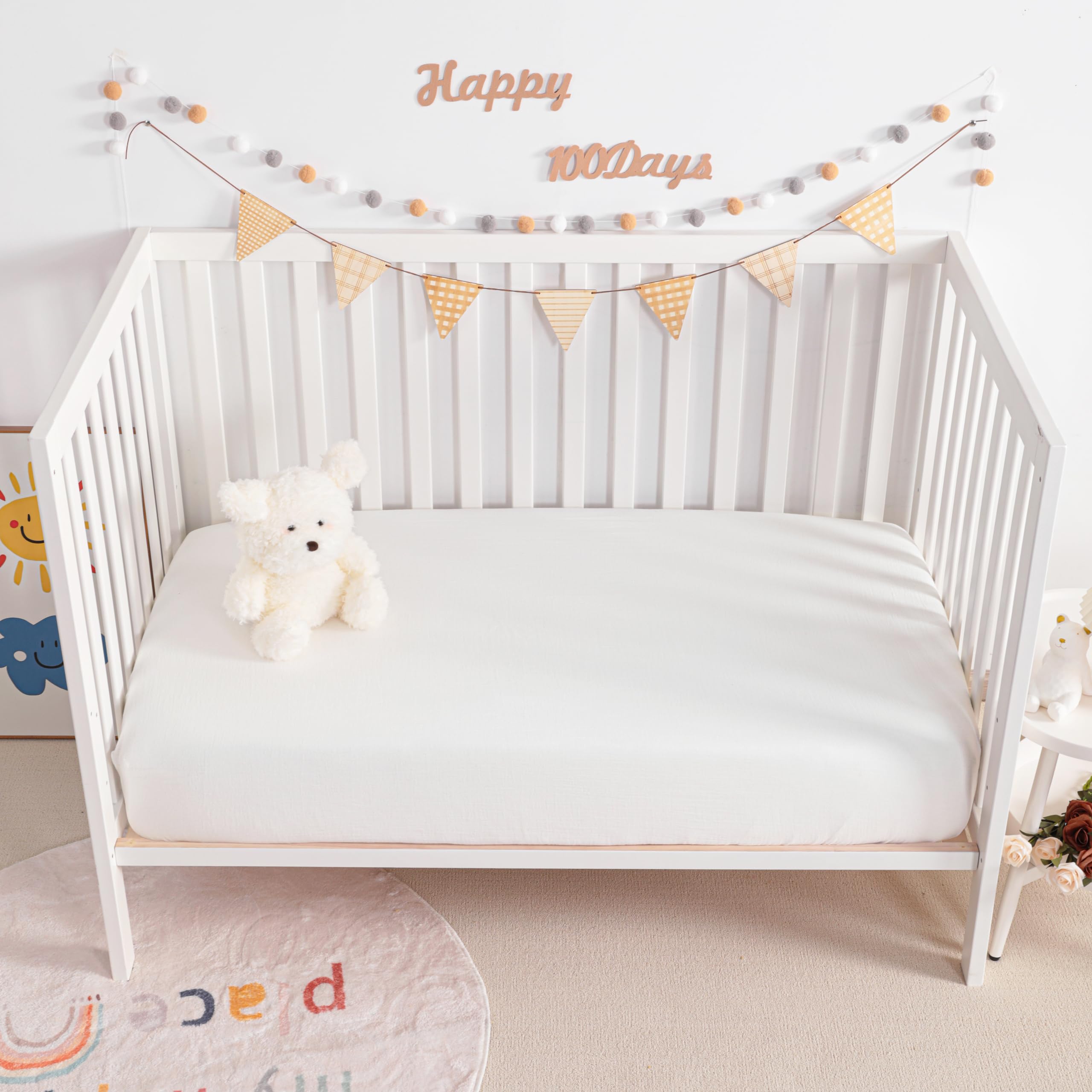 NTBAY Paquete de 2 sábanas de muselina de algodón para cuna, suaves y transpirables, de doble capa, 24 x 38 pulgadas, para colchones de cuna pequeña y niños, niñas, unisex, color blanco, 24 x 38
