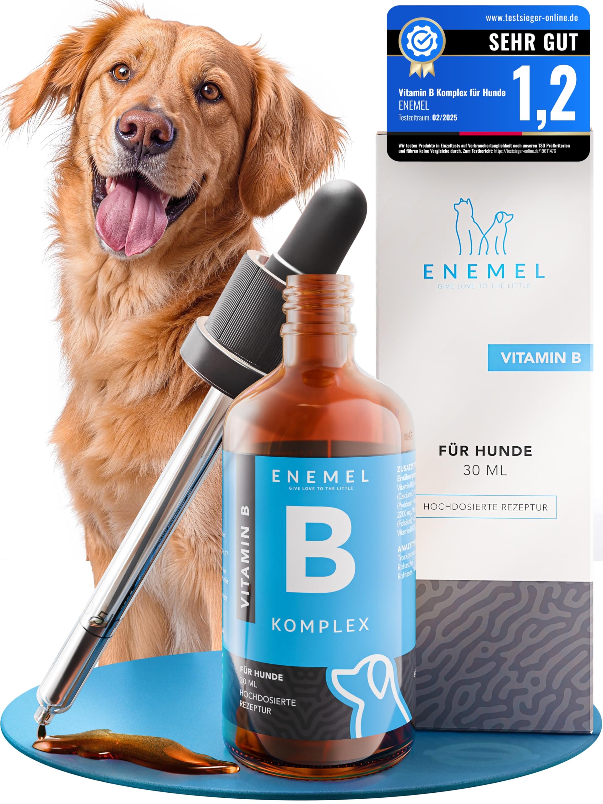 ENEMEL Vitamin B Komplex Hund Tropfen 30 ml – flüssige Vitamine für Hunde zur einfachen Anwendung, B-Vitamin Komplex zur täglichen Ergänzung & Fütterungsroutine, Premium Qualität Made in Germany