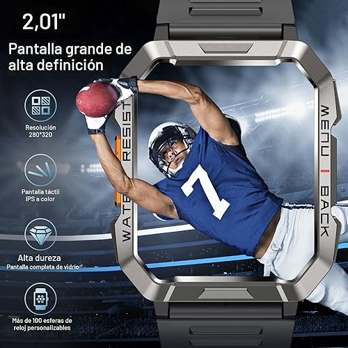 Miniatura 6 de Reloj inteligente militar para hombre (respuestahacer llamadas), reloj inteligente deportivo al aire libre con linternabatería de 100