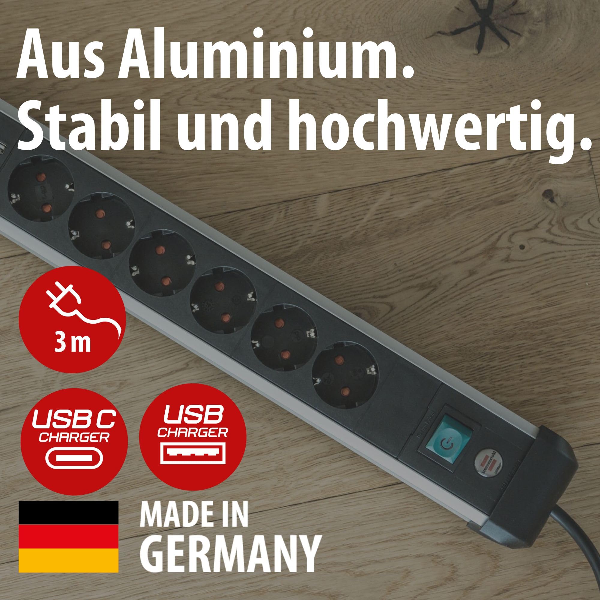 Brennenstuhl Premium-Alu-Line Steckdosenleiste 6-Fach mit USB C, 3m | Mit USB C PD 30W und USB A 18W aus Aluminium, Made in Germany, Mehrfachsteckdose mit Schalter, Steckerleiste zur Wandmontage