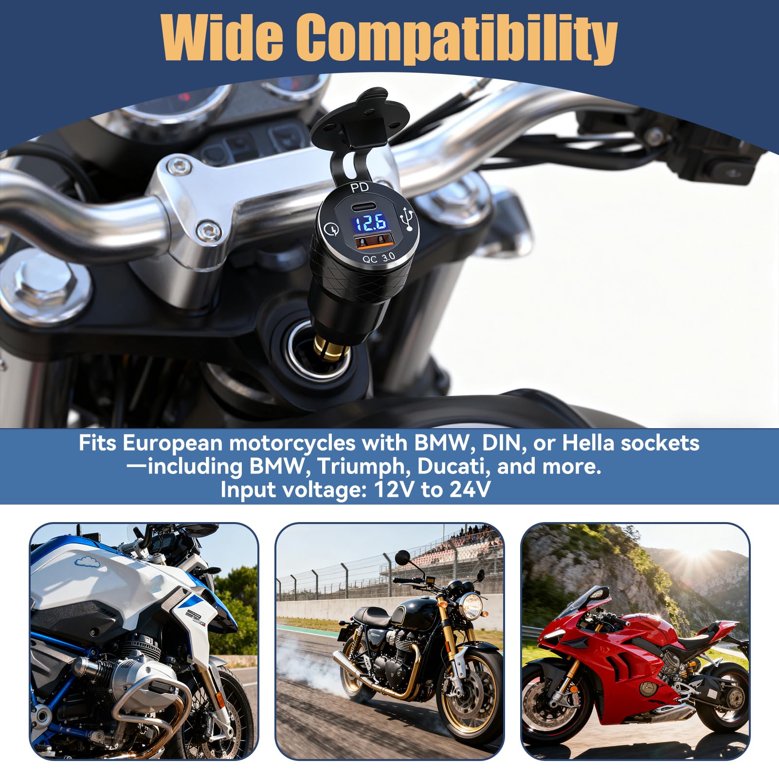 Toma USB C DIN para moto cargador, 30 W PD3.0 y 18 W QC3.0 Dual USB Din Hella Socket Plug Impermeable Aluminio Adaptador para encendedor de cigarrillos con LED Voltmeter, para 12 V/24 V Ducati Triumph