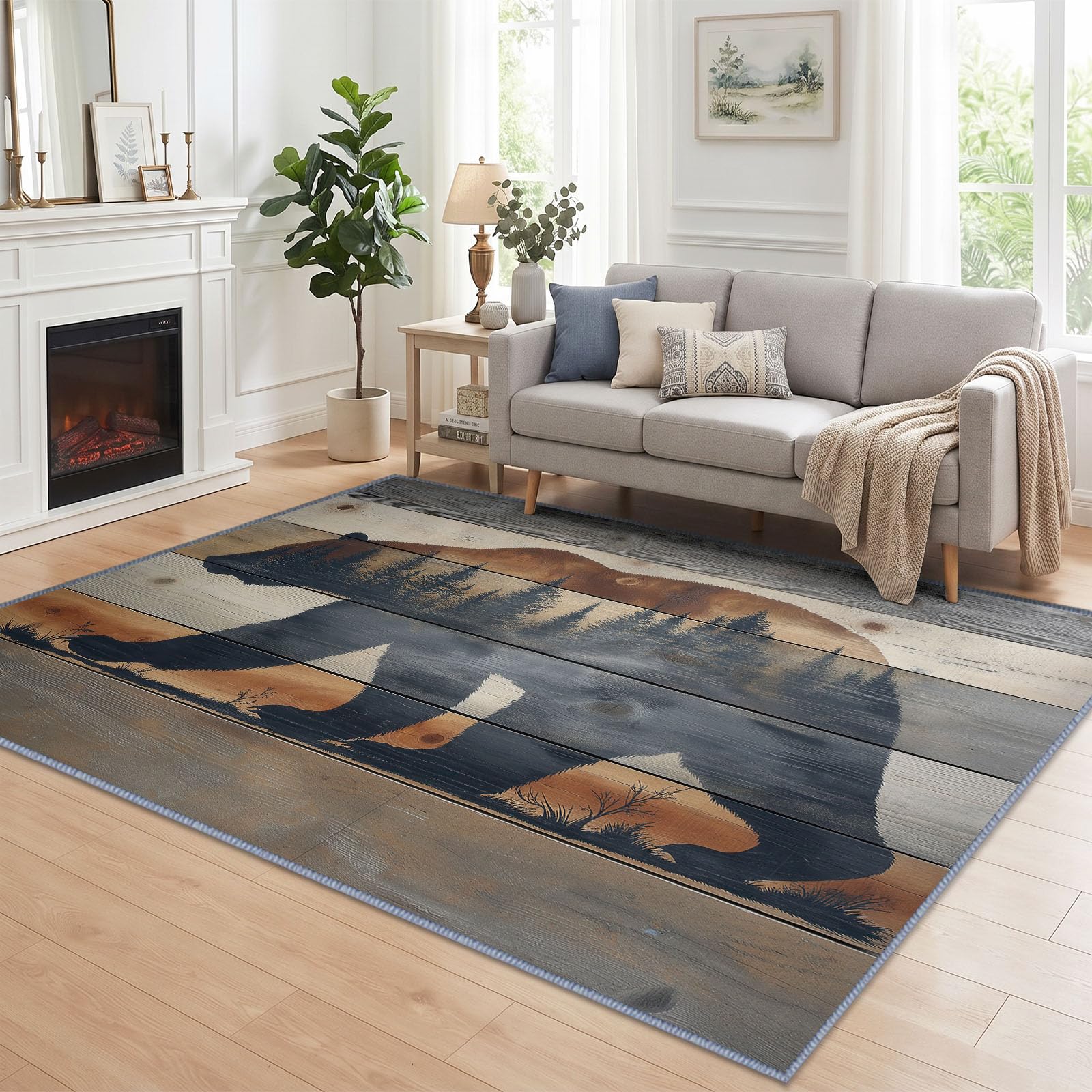 Generisch Eichebär Holzmaserung Teppich Wohnzimmer 120x177 cm, Vintage Wald Tier Waschbarer Weicher Kurzflor rutschfeste Rückseite Teppich, für Wohnzimmer Schlafzimmer Esszimmer Büro Carpet Teppiche