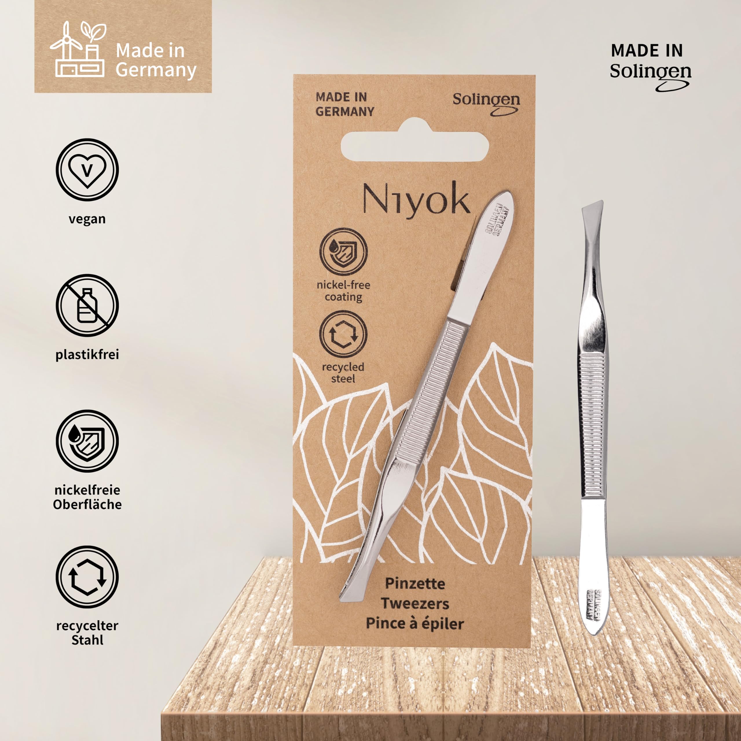 Niyok® Pęseta z Solingen z ukośną końcówką • Made in Germany • Pęseta do brwi do pielęgnacji twarzy, do wyrywania brwi, brody i włosków • profesjonalna pęseta do wyrywania | Ukośna, precyzyjna końcówka do brwi, brody i drobnych włosków, powłoka bez niklu
