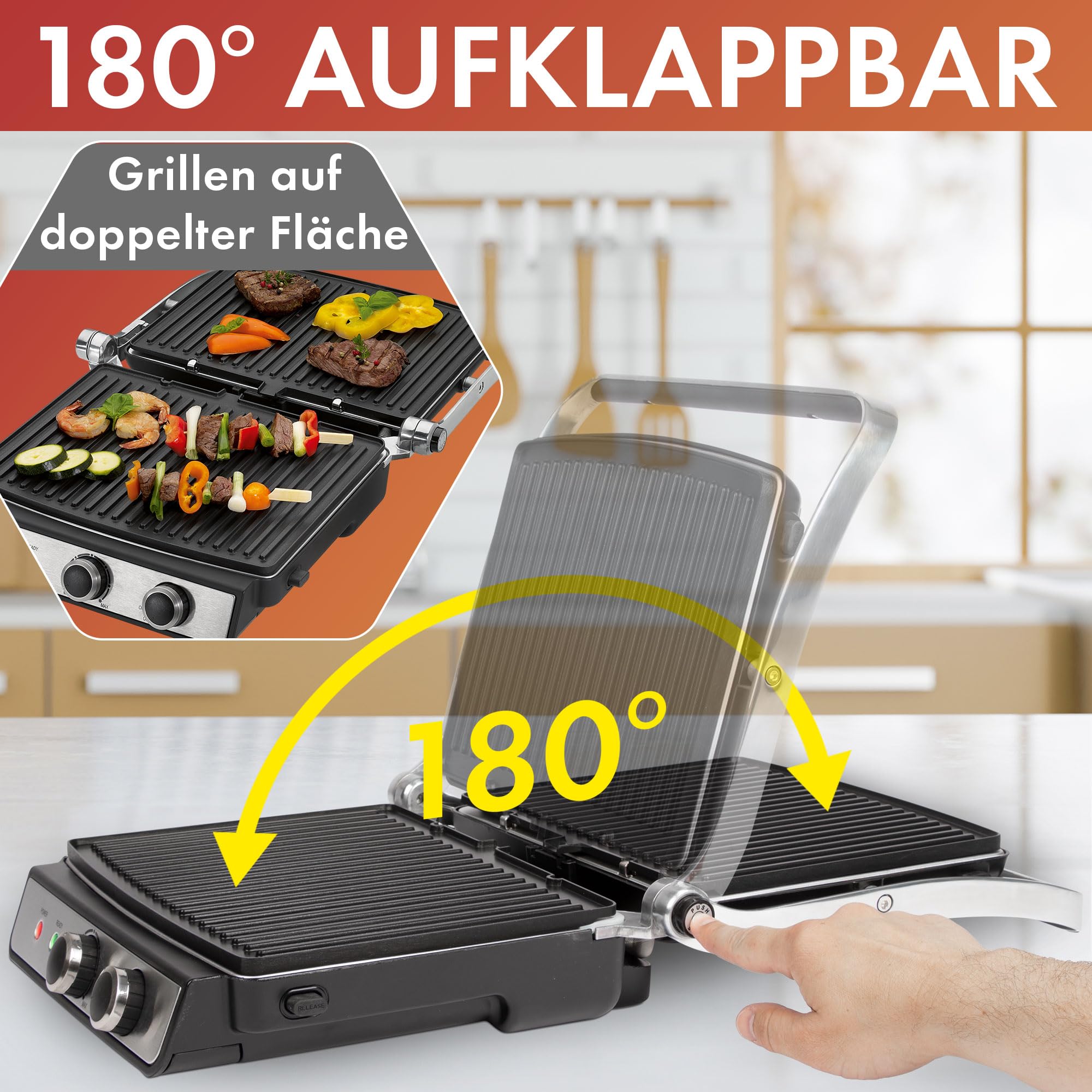 ProfiCook® Kontaktowy Grill Elektryczny do Beztłuszczowego Grillowania Panini, Steków, Tostów | Bezstopniowo Regulowany Termostat | Otwór 180° | 2000 W