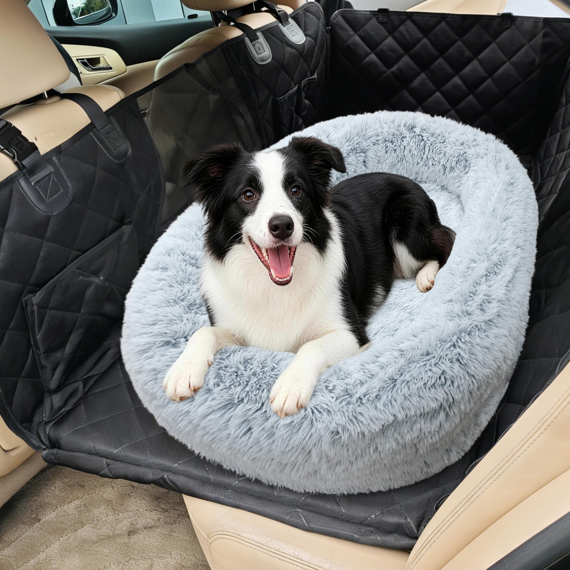 Perro Grande Coche Asiento, Suave Cuscino Coche Perros, Enorme Cama Acolchada Para Perro, Alfombrilla Extraíble Impermeable y Lavable, Suave y Antideslizante Asiento Trasero y Maletero, Gris Claro
