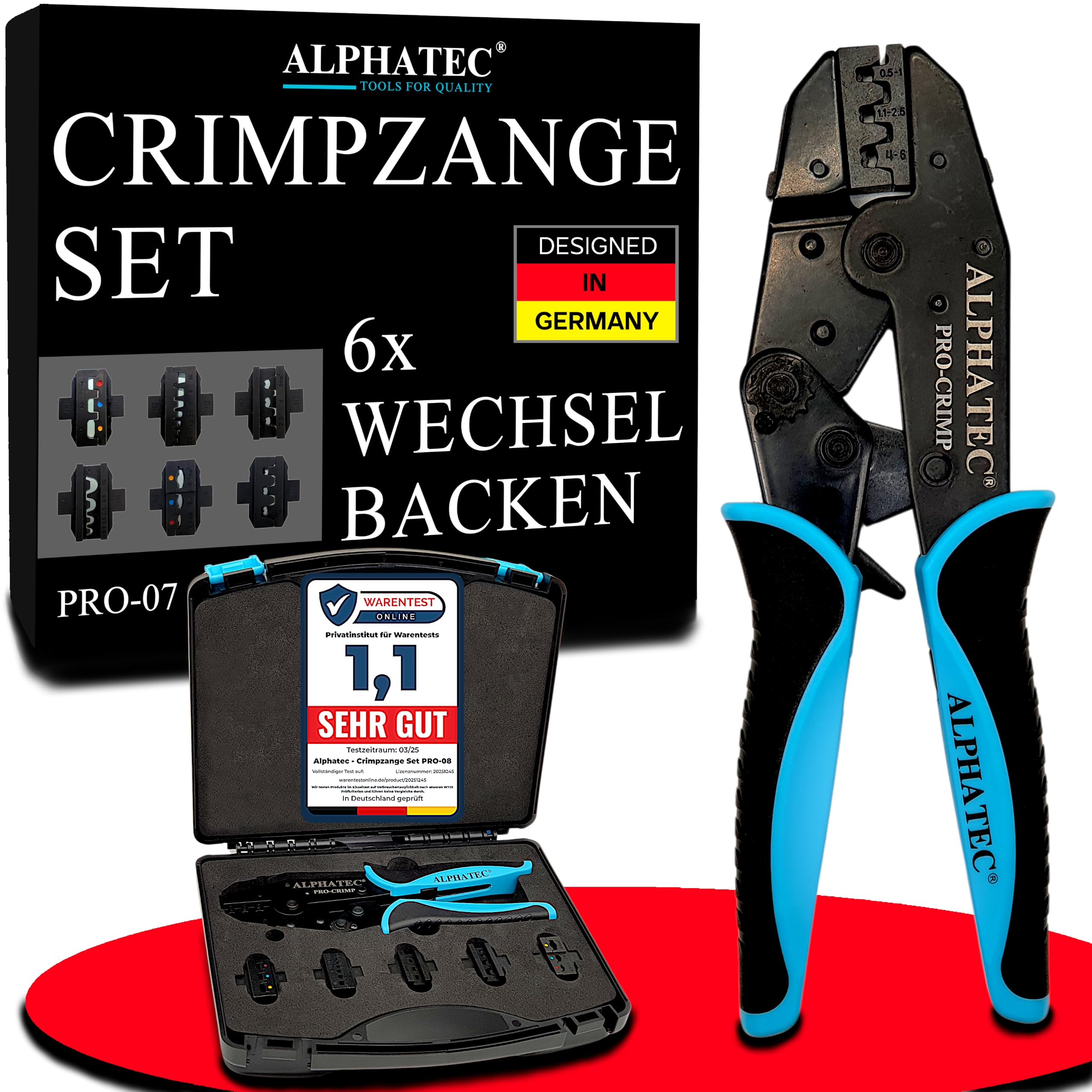 ALPHATEC® Crimpzange Set mit Wechselbacken [ 0,25-10mm² ] Multi 7-teilig | Crimpzange Kabelschuhe, Aderendhülsenzange, Flachstecker, MC4 Zange PV Solar, Verbinder, Presszange, Krimpzangenset 6x Backen