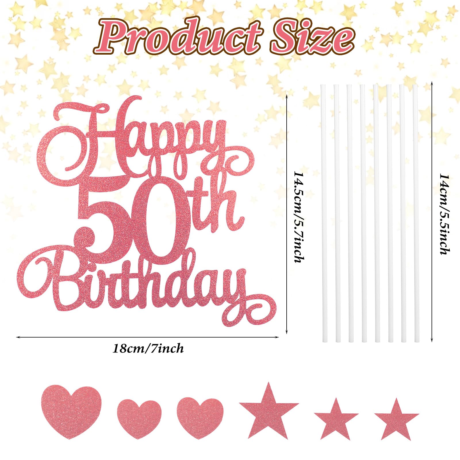 Condition photo showing New/Like New for 50 th Birthday Cake Decorations, 7 Pcs 50th Birthdays Cake Topper Set, Glitter "Happy 50th Birthday" Toppers & Heart Star Cupcake Picks for Party Cakes Decorations (Rose Gold)