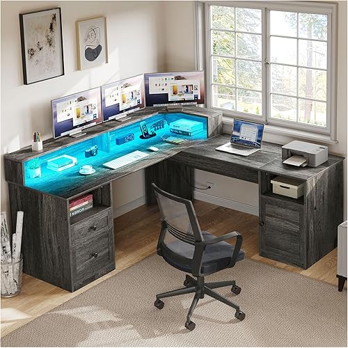 Escritorio moderno en forma de L, color gris, para juegos, computadora, esquina, cajones de archivos, estantes de escritura, estantes de escritura,