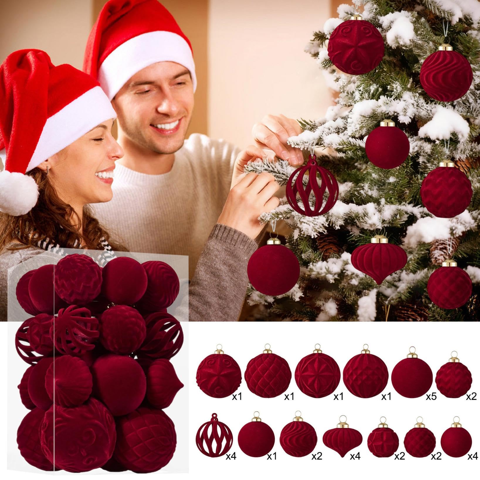 Weihnachtsschmuck, 30 Stück, samtbeflockte, bruchsichere Kugeln für Urlaubsdekoration, roter Samt, Weihnachtsbaumschmuck für Zuhause, Party, Feste