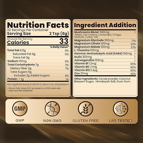Miniatura 4 de Polvo de magnesio tranquilo, Ashwagandha, L-teanina, GABA y 6 hongos Suplemento de glicinato de magnesio para relajación y apoyo tranquilo Sin