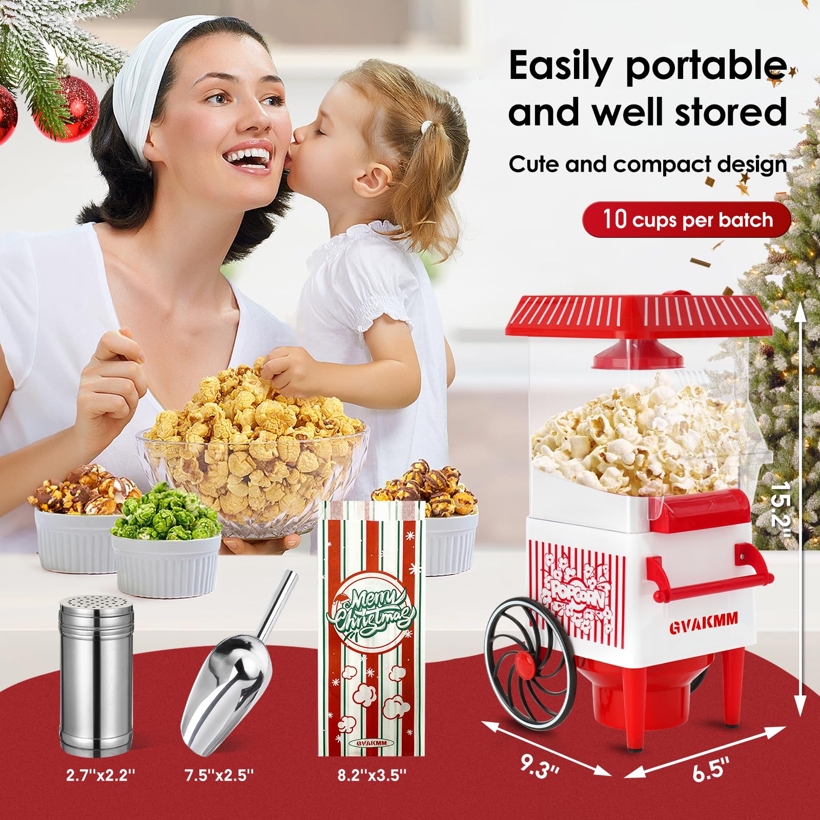 Macchina per popcorn, kit per popcorn ad aria calda, scatola regalo, macchina portatile per popcorn casalinga, 10 tazze, senza olio, stile retrò, compatta e carina