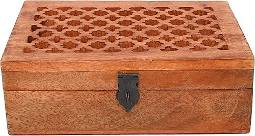 Samhita Caja decorativa de madera de mango con tapa con bisagras en tallas Jali, utilizada como caja de almacenamiento, artículos de regalo de