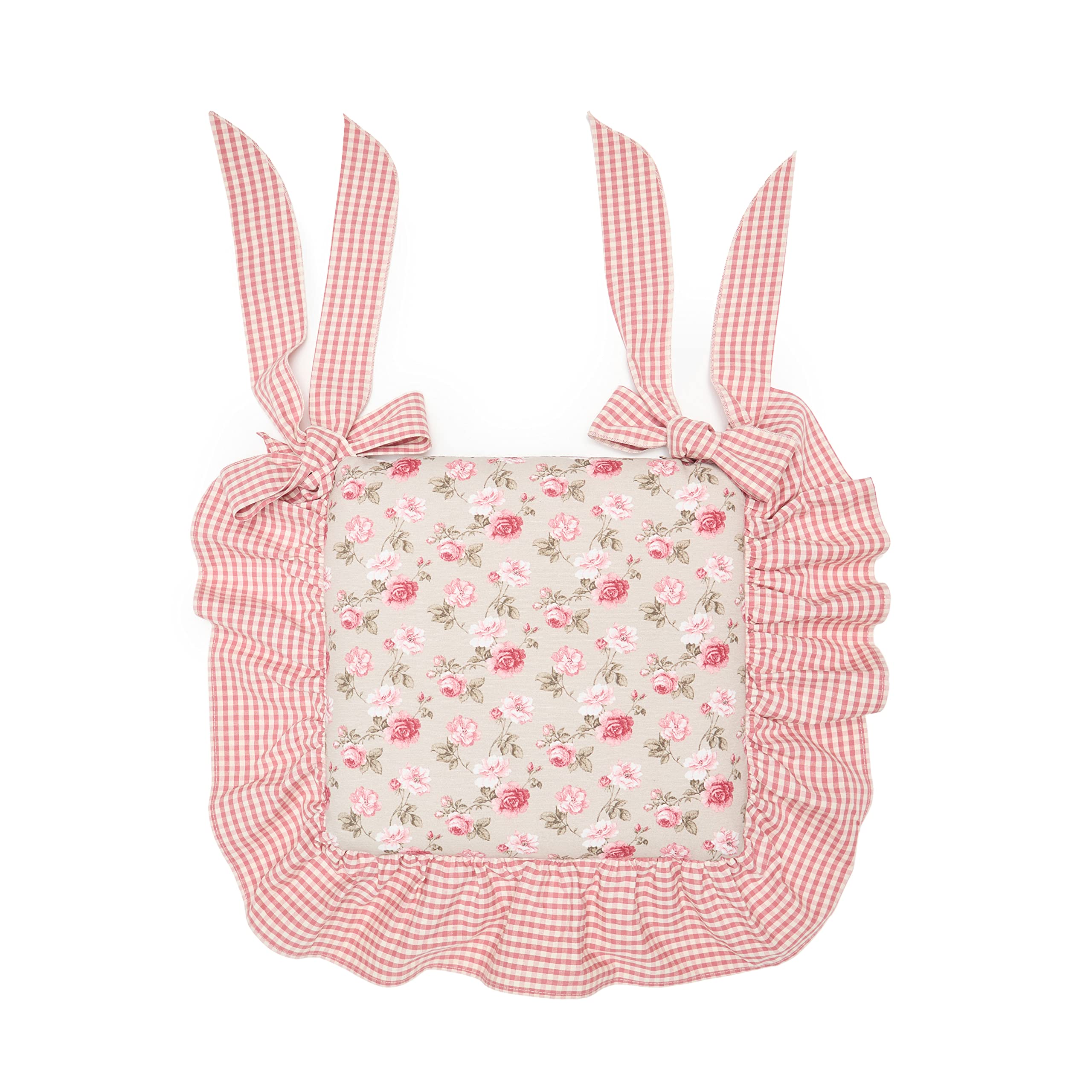 Cuscino da Sedia 40x40cm, Sfoderabile, con Interno Rinforzato, per una Seduta Confortevole, Indeformabile, in 100% Cotone, con Fantasia di Roselline, Volano Alto e Bellissimi Fiocchi (Rosa)