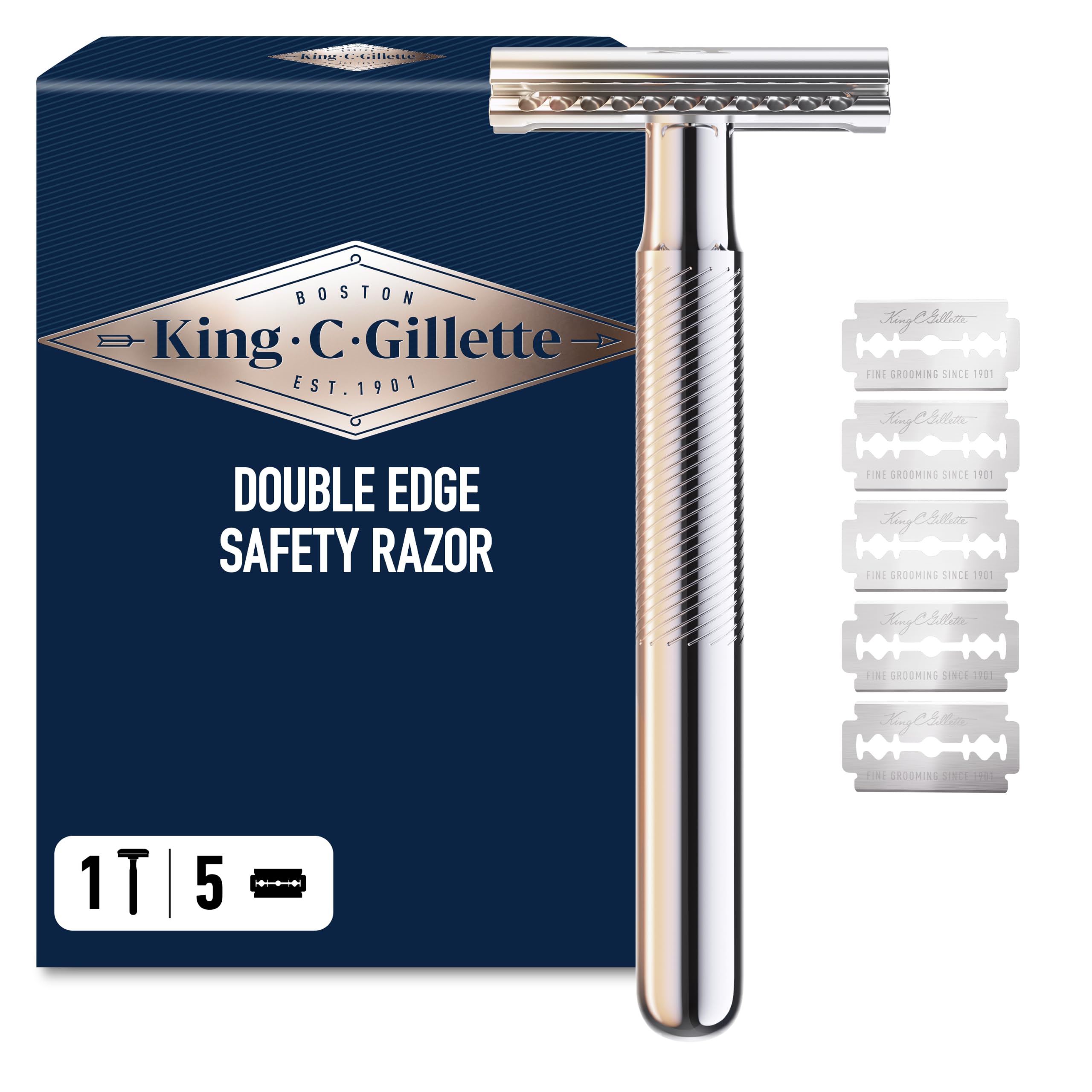 King C. Gillette Rasoio di Sicurezza, 1 Manico, 5 Lamette da Barba, in Acciaio Inossidabile, Lametta Rivestita di Platino Idea Regalo Uomo per Cura della Barba