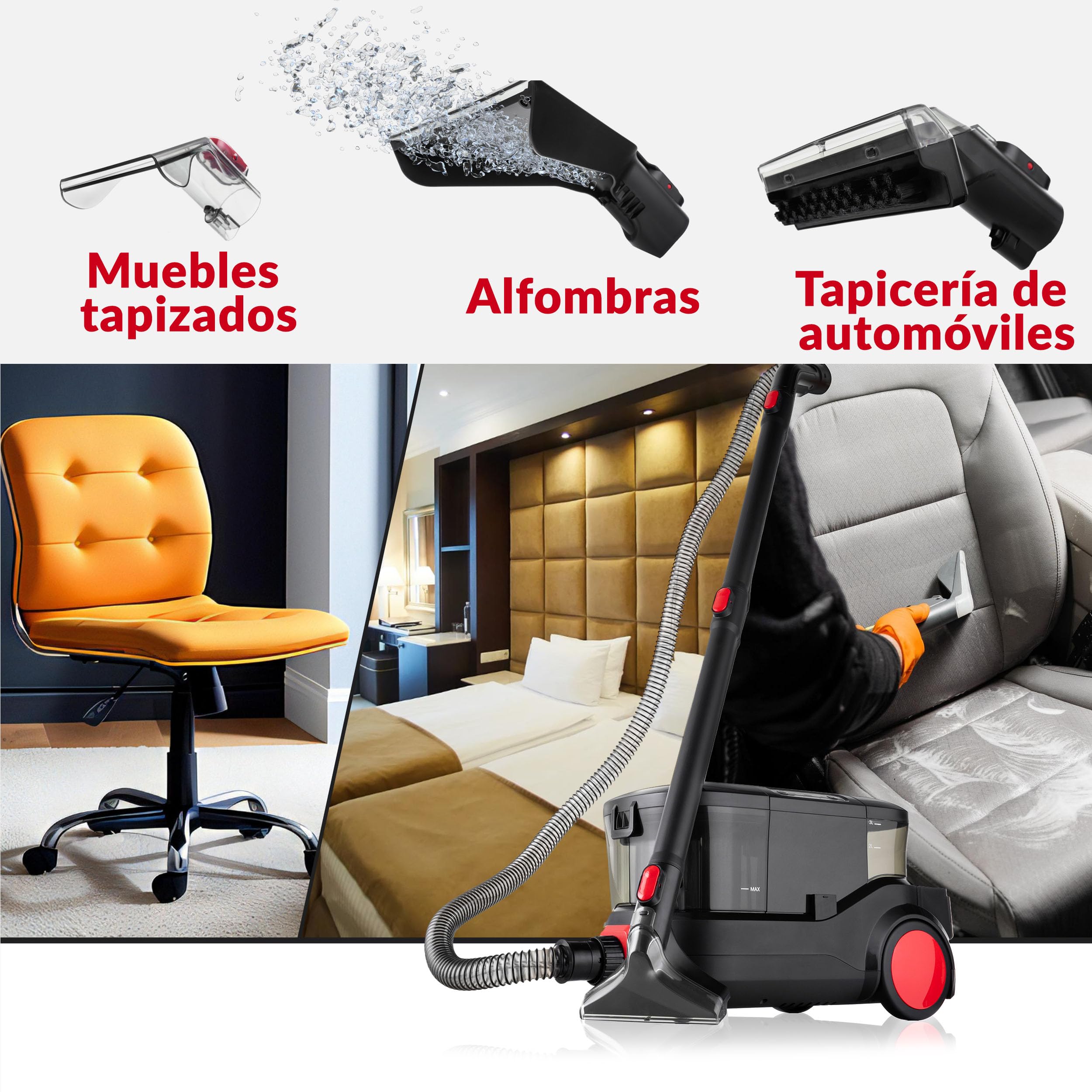 LEHMANN Prowash - Aspiradora de lavado de 2000 W, limpiador de tapicería y alfombras, detergente de 3 L, boquillas de alfombras y tapicería