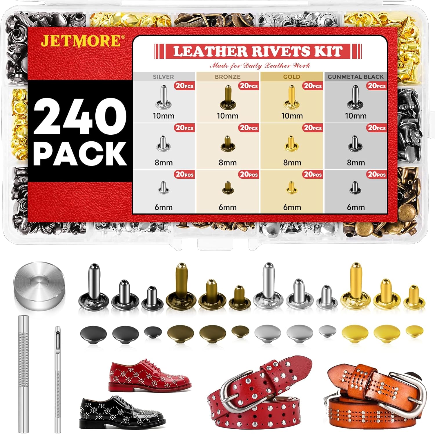Jetmore 240 Sets Double Cap Brass Leather Rivets Kit with Tools - 4 Colors, 3 Sizes for DIY Crafts & Repairs
