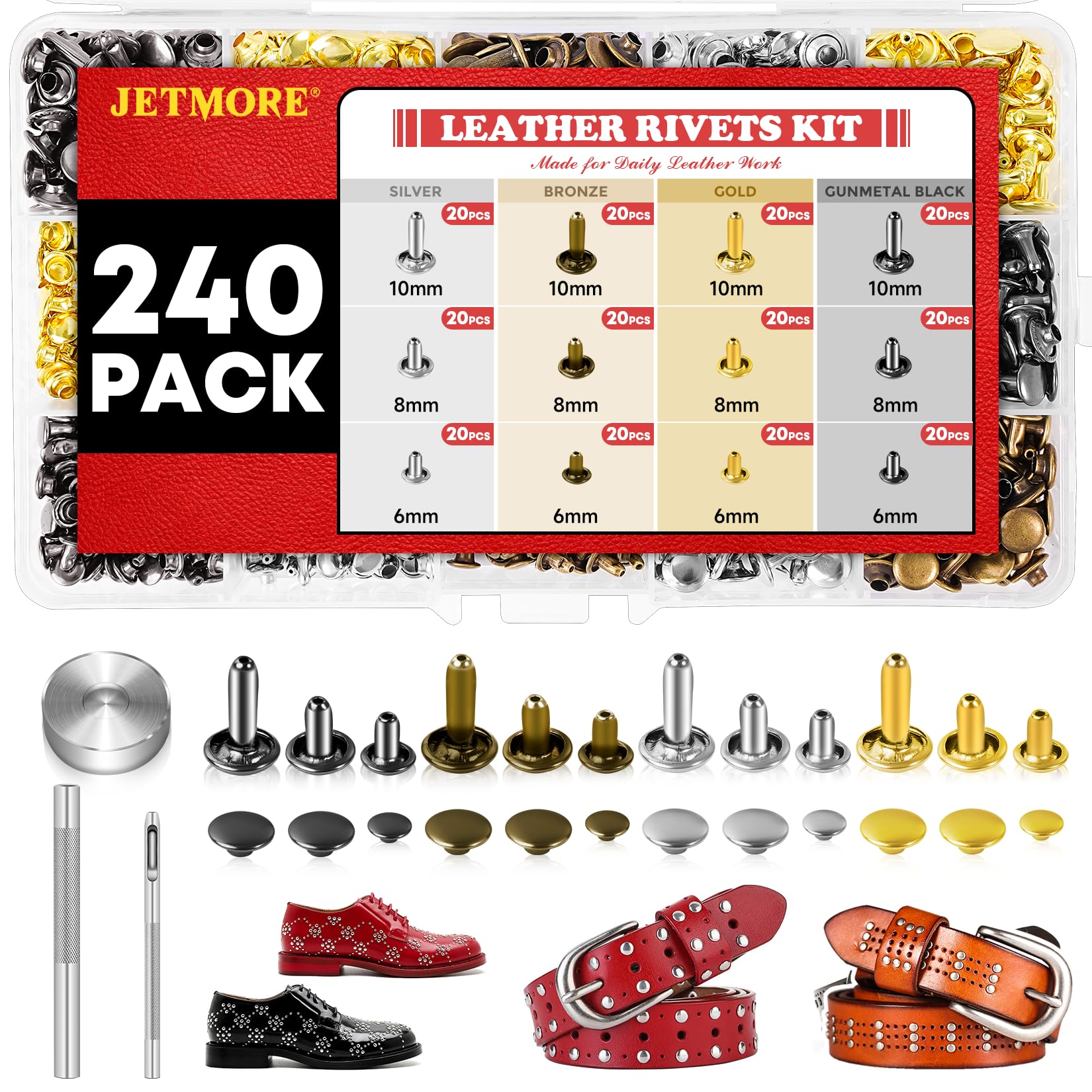 240 Sets Leather Rivets Kit, Double Cap Brass Rivets Leather Studs with 3PCS Setting Tools for Leather Repair and Crafts, 4 Colors and 3 Sizes