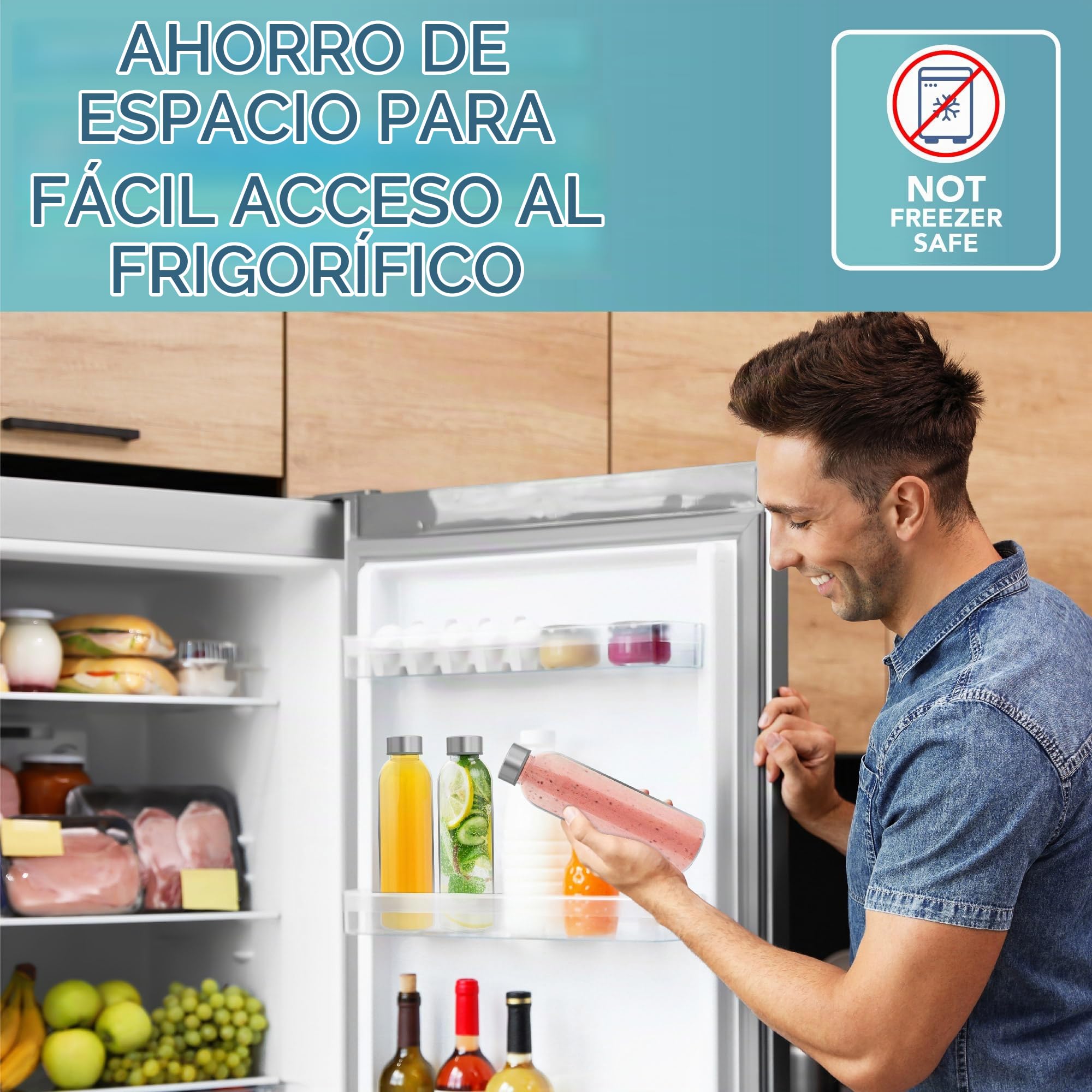 HEFTMAN Botellas de cristal de 500ml con tapa, botella de agua de vidrio vacía, hermética, a prueba de fugas, tapa de acero inoxidable, agua, batidos, botellas de zumo para trabajo, gimnasio, hogar