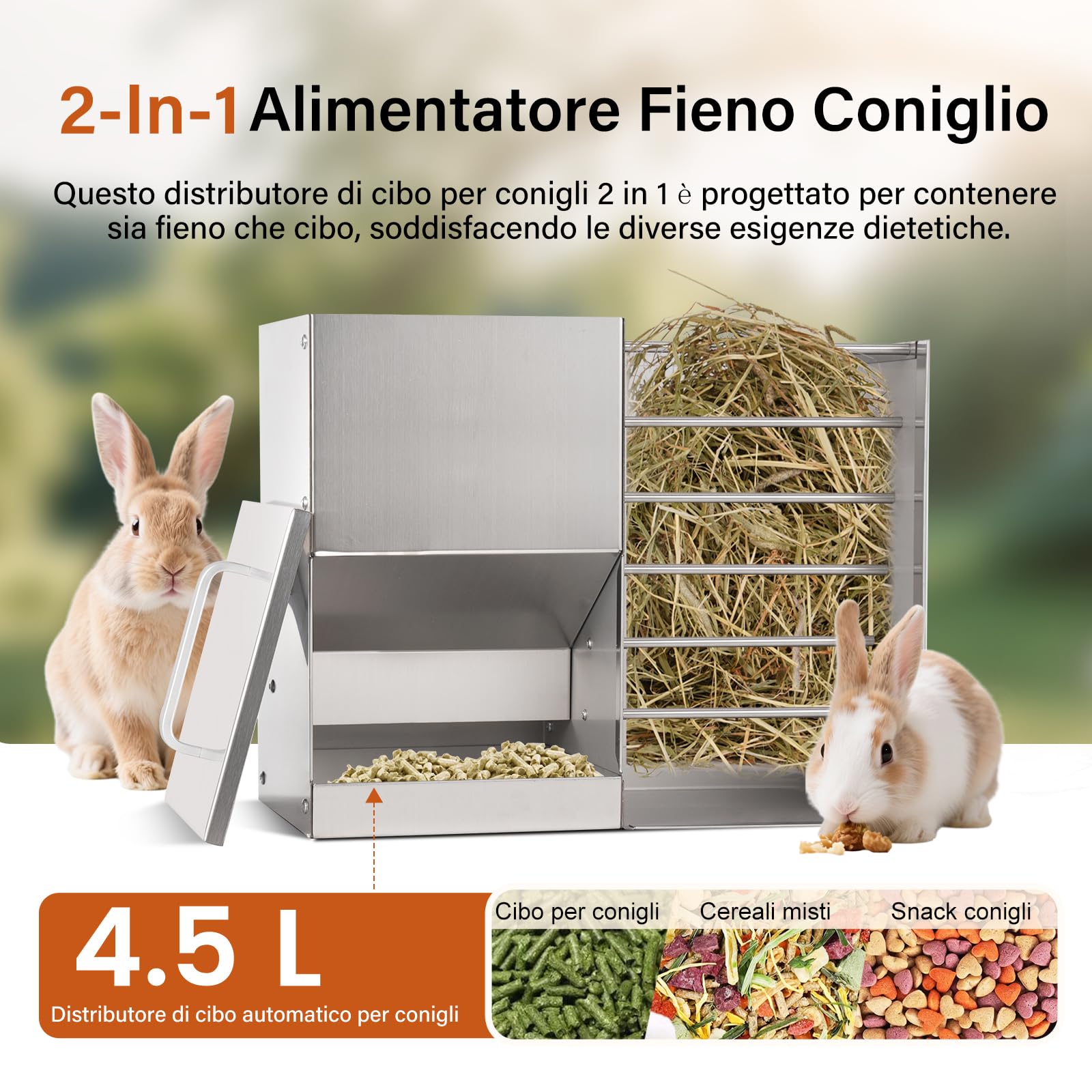 Mangiatoia automatica 2 in 1 per conigli e conigli, per esterni, mentale, per conigli, porcellini d'India, criceti, piccoli animali