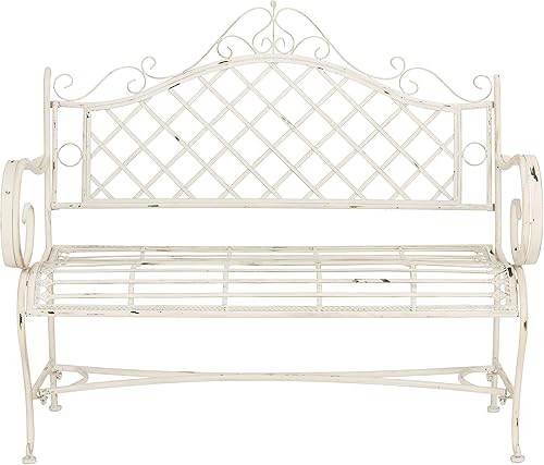 Safavieh PAT5017A Collection Adina Antique White Wrought Iron 51.25" Outdoor Garden Bench