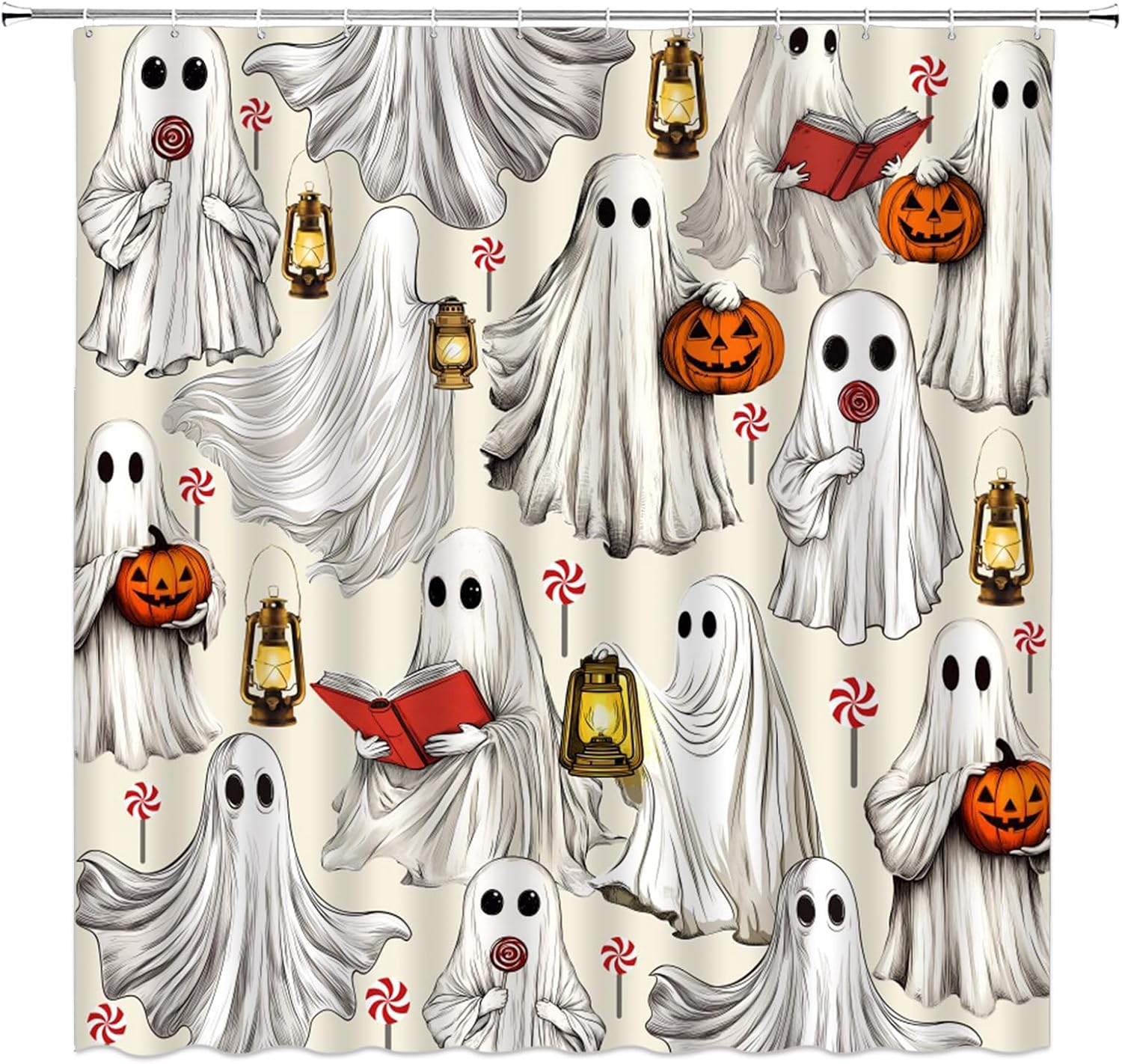 Halloween Funny Ghost Shower Curtain Beige White Spooky Scary Pumpkin Candy Book Light Cute Vintage Retro 70" Wx84 H Fabric Bathroom Decor Curtain with Hooks