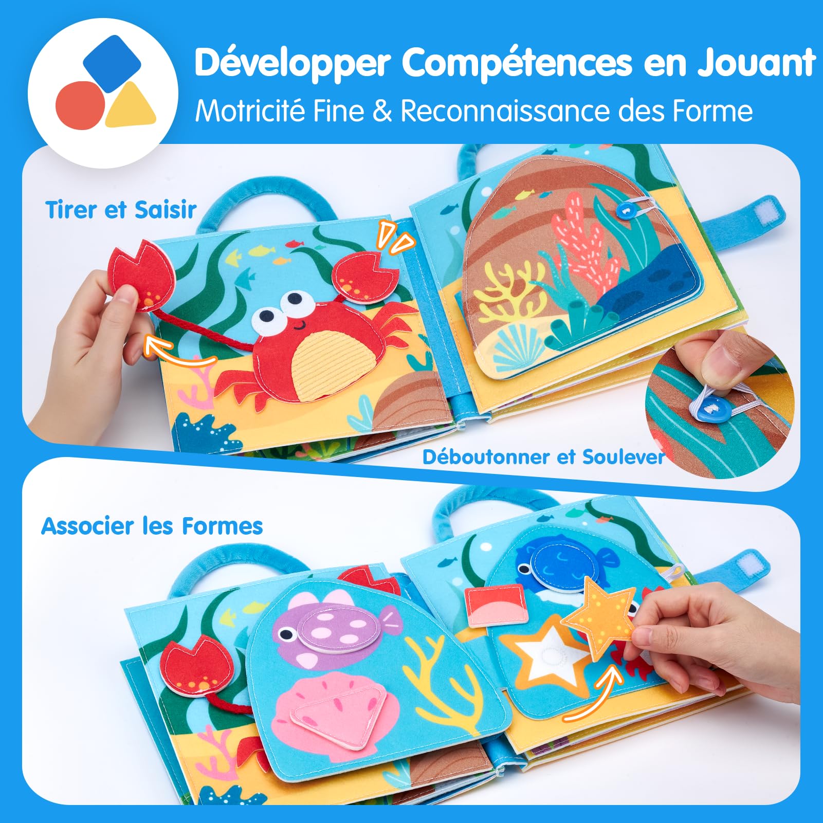 hahaland Jouet Bebe 1 an Busy Board Montessori - 15 en 1 Tableau d'Éveil Animaux Marins - Jeux Motricité Fine Enfant 12 Mois - Livre Feutre Portable Voyage - Cadeau Éducatif Bébé 1 2 3 Ans
