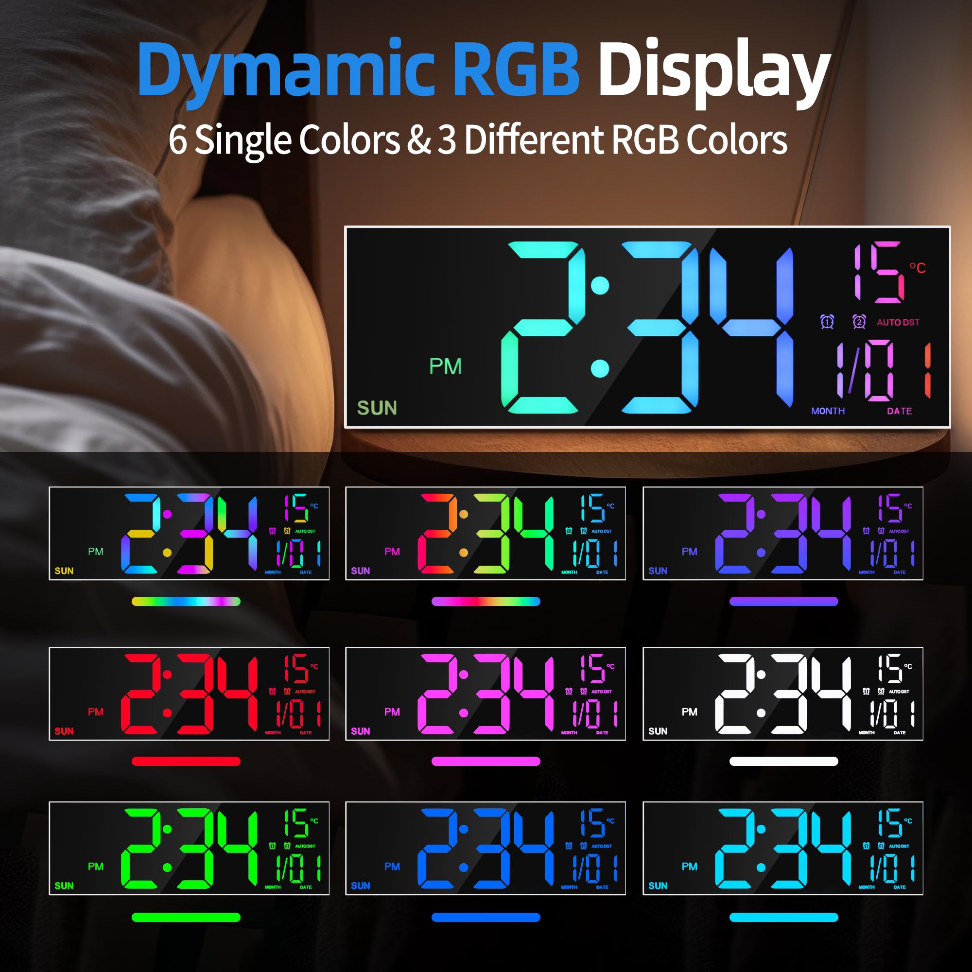 LEIKE Grande horloge murale numérique de 40,6 cm avec télécommande, double alarme pour salon, chambre à coucher, décoration de cuisine, 8 couleurs RVB, grand écran LED, luminosité automatique, date,