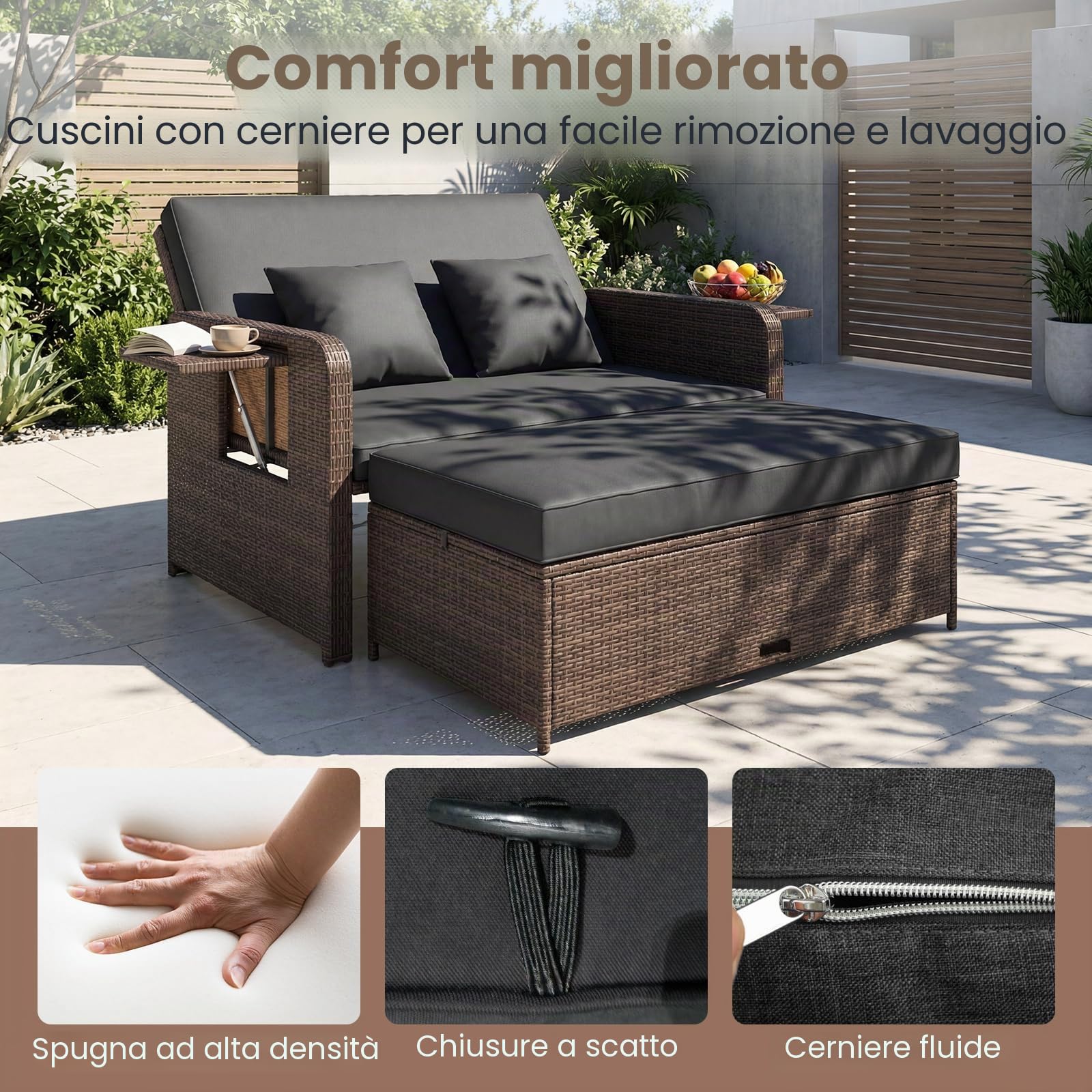 GIANTEX Divano da Giardino in Rattan con Poggiapiedi, Doppio Divano da Esterno con Schienale Regolabile, Mobili da Giardino per Terrazza, Balcone, Cortile | Design 3 in 1