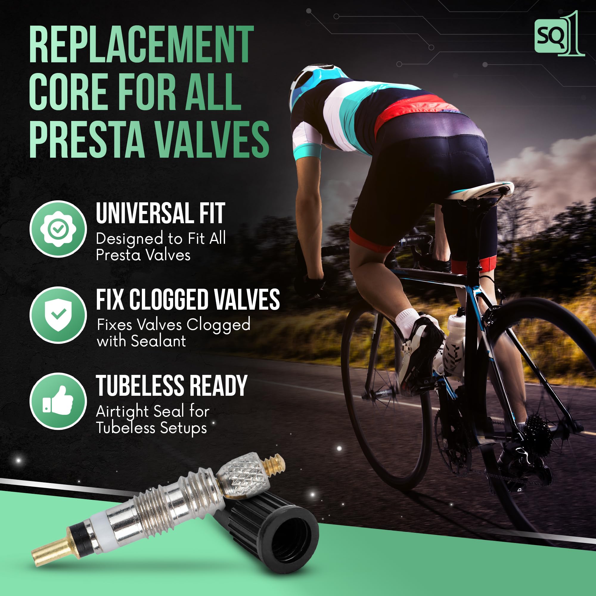 Square1 Presta Valve Core Kit -10 Universally Compatible Presta Valve Cores, 1 Presta Valve Core Removal Tool & 10 Presta Valve Core Caps - Presta Valve Core for Tubeless Bike Tires