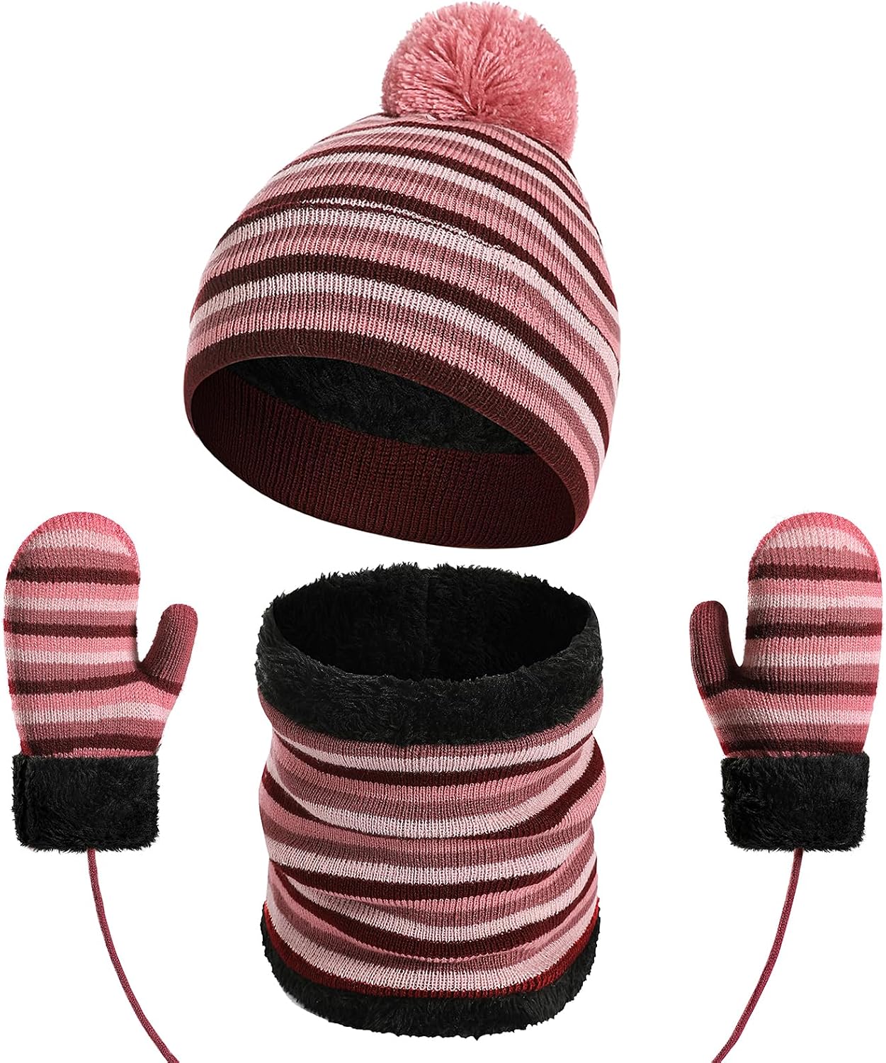 3Pcs Kids Winter Hat Gloves Scarf Set Thick Knitted Striped Pompom Beanie Mitten Neck Warmer for Girls Boys Children