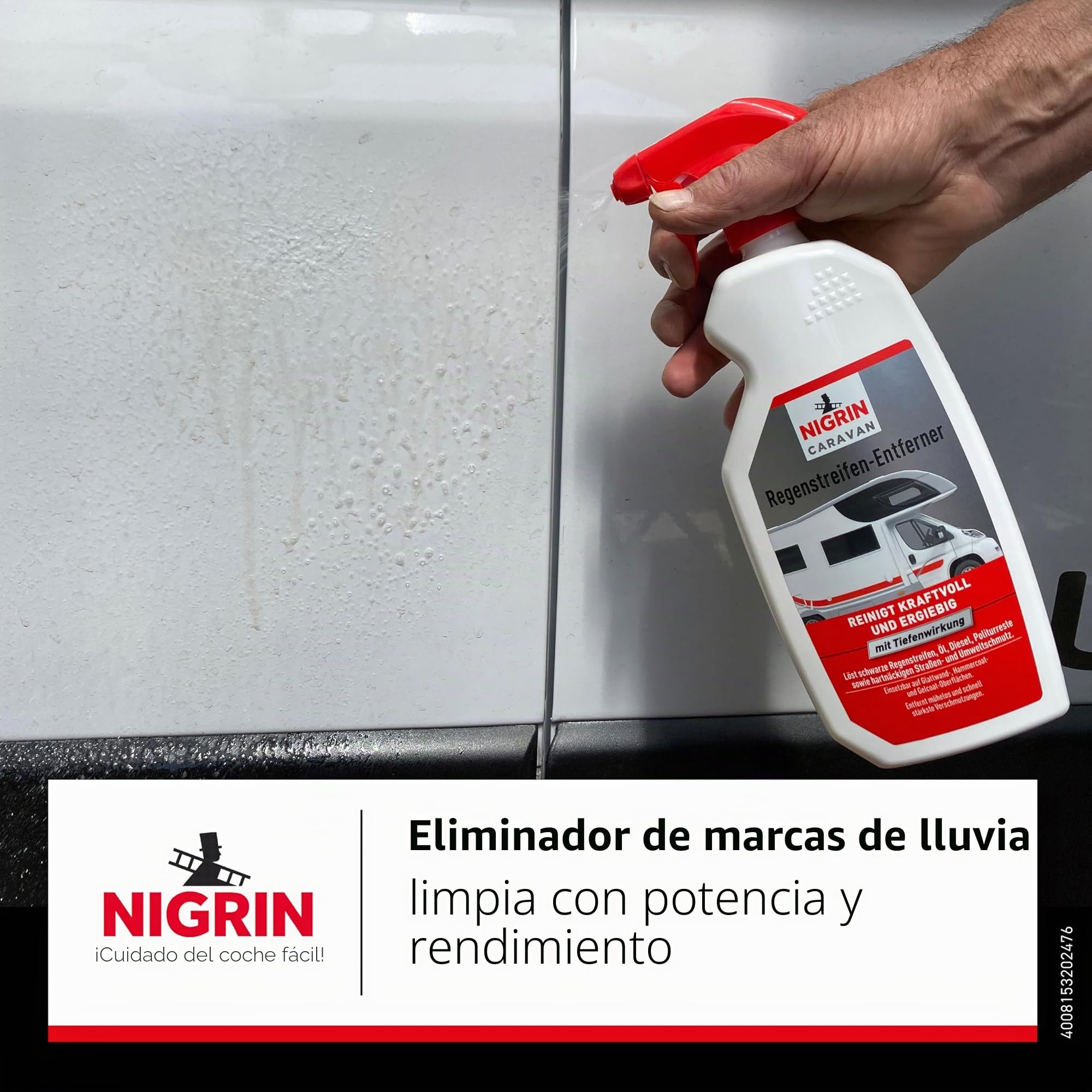 NIGRIN Caravan - Eliminador de tiras de lluvia para superficies de pintura y plástico y suelos, 750 ml