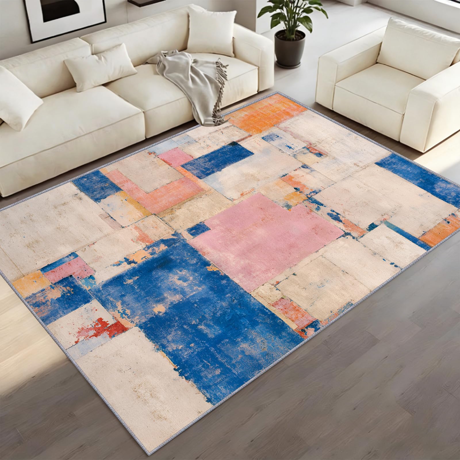 Abstract Art Area Rug for Living Room, Pink and Blue Colour Block Carpet, Oil Painting Style Rugs for Bedroom, Soft Contemporary Geometric Novelty Rugs Non-slip for Luxury Home Decor 150 x 240 cm